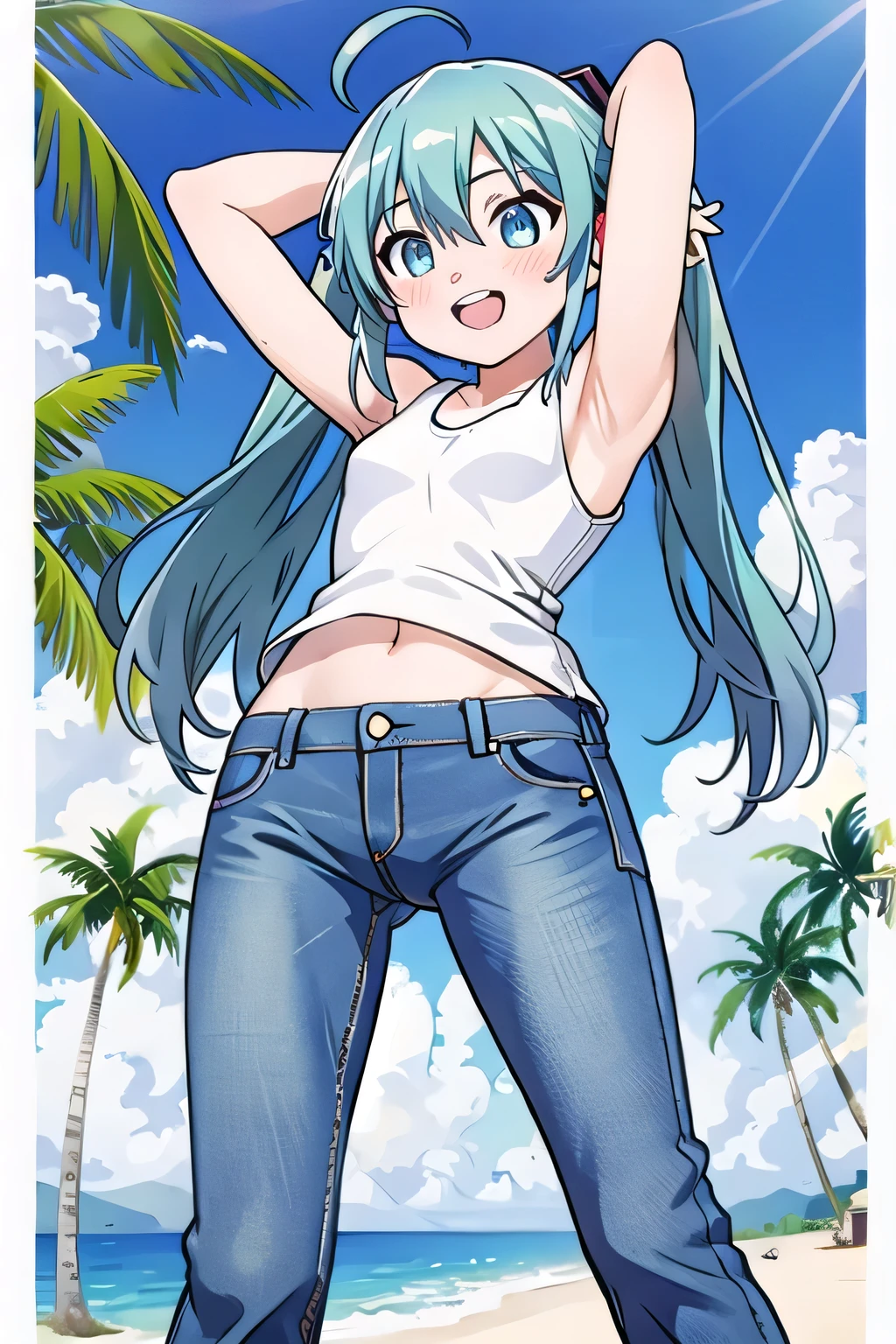 masterpiece,best quality,ultra detail, ((Perfect Face, Perfect Arms, Perfect hands, Perfect Fingers)), 1girl, , petite, ((round face, ecstasy, orgasm face, drooping eyes, shame smiling, blush)), dropping eyes, sleepy, Open mouth, ((White teeth)), background((under the beach, (day:1.2), palm tree, bright sky)), miku hatsune, ahoge, aqua eyes, aqua hair, crossed bangs, hair between eyes, hair ornament, (long hair:1.4), headphones, twintails, ((arms behind head, hands behind head, fingers behind head)), ((contrapposto)), spread armpits, looking at viewer,, (white tank top:1.2), (white crop top:1.2), (jeans pants:1.2, flares jeans:1.2, skinny jeans:1.2, blue jeans:1.2), standing, (legs spread:1.4), sex pose, Sweaty crotch, Steam from the crotch, from below, whole body