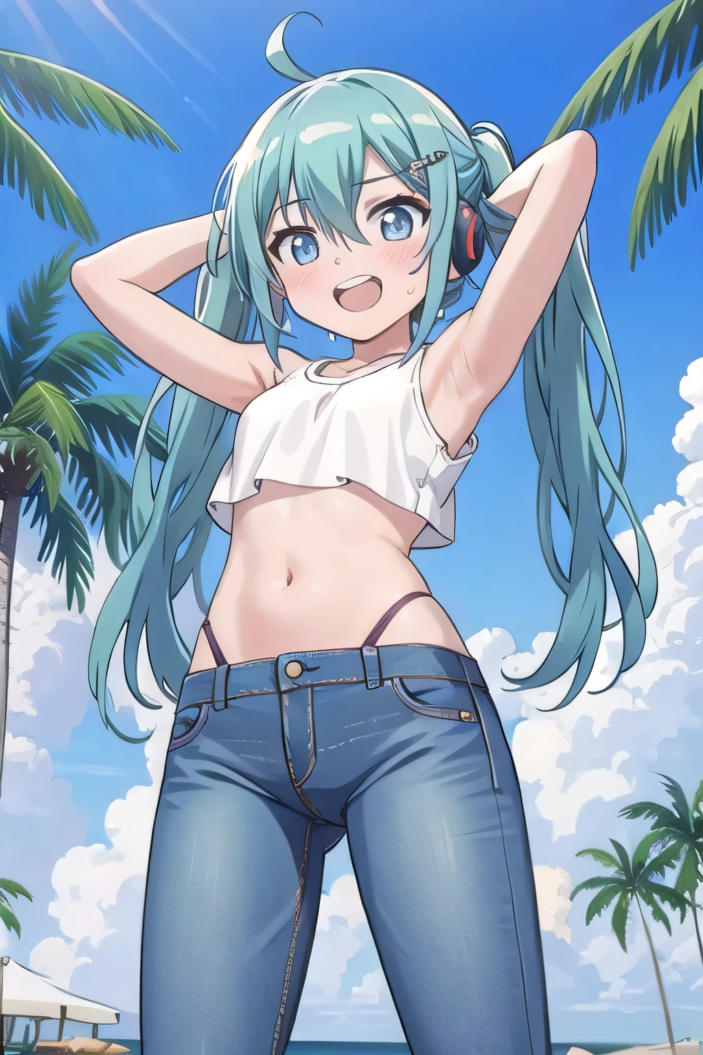 masterpiece,best quality,ultra detail, ((Perfect Face, Perfect Arms, Perfect hands, Perfect Fingers)), 1girl, , peti ((round face, ecstasy, orgasm face, drooping eyes, shame smiling, blush)), dropping eyes, sleepy, Open mouth, ((White teeth)), background((under the beach, (day:1.2), palm tree, bright sky)), miku hatsune, ahoge, aqua eyes, aqua hair, crossed bangs, hair between eyes, hair ornament, (long hair:1.4), headphones, twintails, ((arms behind head, hands behind head, fingers behind head)), ((contrapposto)), spread armpits, looking at viewer,, (white tank top:1.2), (white crop top:1.2), (jeans pants:1.2, flares jeans:1.2, skinny jeans:1.2, blue jeans:1.2), standing, (legs spread:1.4), sex pose, Sweaty crotch, Steam from the crotch, from below, whole body