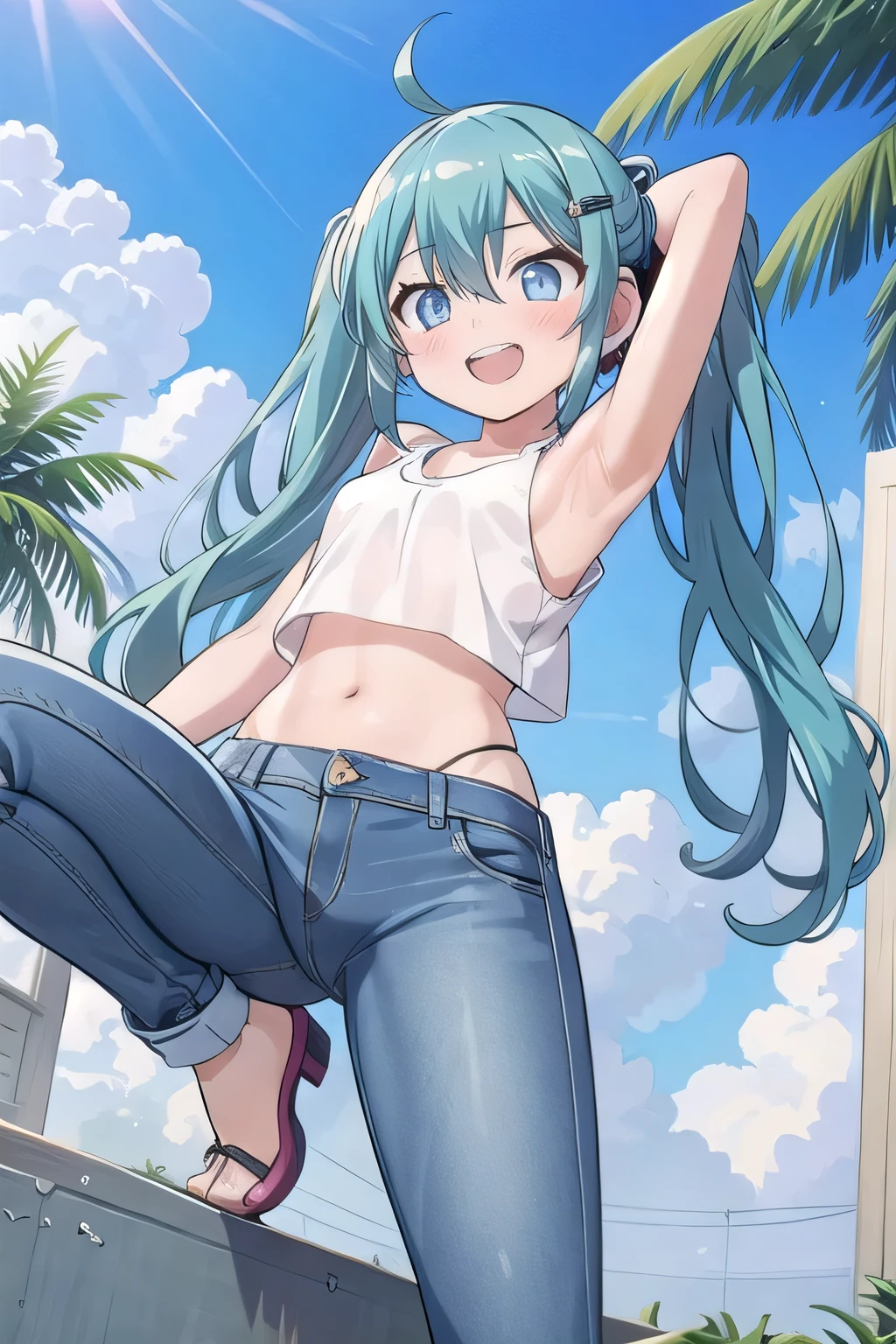 masterpiece,best quality,ultra detail, ((Perfect Face, Perfect Arms, Perfect hands, Perfect Fingers)), 1girl, , peti ((round face, ecstasy, orgasm face, drooping eyes, shame smiling, blush)), dropping eyes, sleepy, Open mouth, ((White teeth)), background((under the beach, (day:1.2), palm tree, bright sky)), miku hatsune, ahoge, aqua eyes, aqua hair, crossed bangs, hair between eyes, hair ornament, (long hair:1.4), headphones, twintails, ((arms behind head, hands behind head, fingers behind head)), ((contrapposto)), spread armpits, looking at viewer,, (white tank top:1.2), (white crop top:1.2), (jeans pants:1.2, flares jeans:1.2, skinny jeans:1.2, blue jeans:1.2), standing, (legs spread:1.4), sex pose, Sweaty crotch, Steam from the crotch, from below, whole body