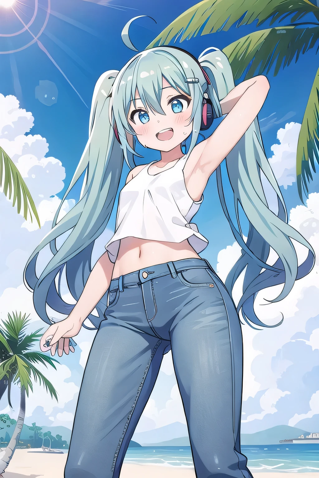 masterpiece,best quality,ultra detail, ((Perfect Face, Perfect Arms, Perfect hands, Perfect Fingers)), 1girl, , petite, ((round face, ecstasy, orgasm face, drooping eyes, shame smiling, blush)), dropping eyes, sleepy, Open mouth, ((White teeth)), background((under the beach, (day:1.2), palm tree, bright sky)), miku hatsune, ahoge, aqua eyes, aqua hair, crossed bangs, hair between eyes, hair ornament, (long hair:1.4), headphones, twintails, ((arms behind head, hands behind head, fingers behind head)), ((contrapposto)), spread armpits, looking at viewer,, (white tank top:1.2), (white crop top:1.2), (jeans pants:1.2, flares jeans:1.2, skinny jeans:1.2, blue jeans:1.2), standing, (legs spread:1.4), sex pose, Sweaty crotch, Steam from the crotch, from below, whole body
