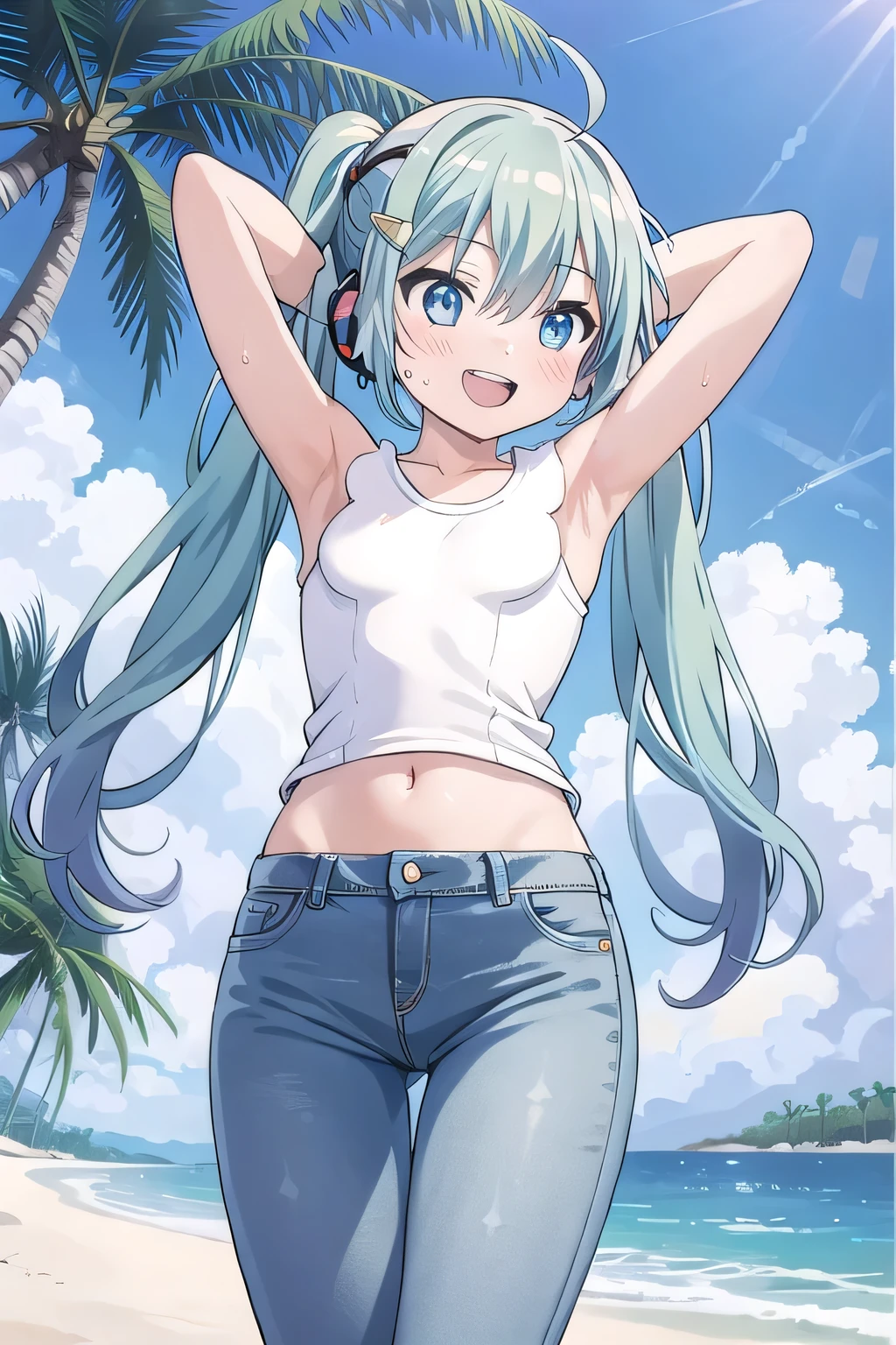 masterpiece,best quality,ultra detail, ((Perfect Face, Perfect Arms, Perfect hands, Perfect Fingers)), 1girl, , peti ((round face, ecstasy, orgasm face, drooping eyes, shame smiling, blush)), dropping eyes, sleepy, Open mouth, ((White teeth)), background((under the beach, (day:1.2), palm tree, bright sky)), miku hatsune, ahoge, aqua eyes, aqua hair, crossed bangs, hair between eyes, hair ornament, (long hair:1.4), headphones, twintails, ((arms behind head, hands behind head, fingers behind head)), ((contrapposto)), spread armpits, looking at viewer,, (white tank top:1.2), (white crop top:1.2), (jeans pants:1.2, flares jeans:1.2, skinny jeans:1.2, blue jeans:1.2), standing, (legs spread:1.4), sex pose, Sweaty crotch, Steam from the crotch, from below, whole body