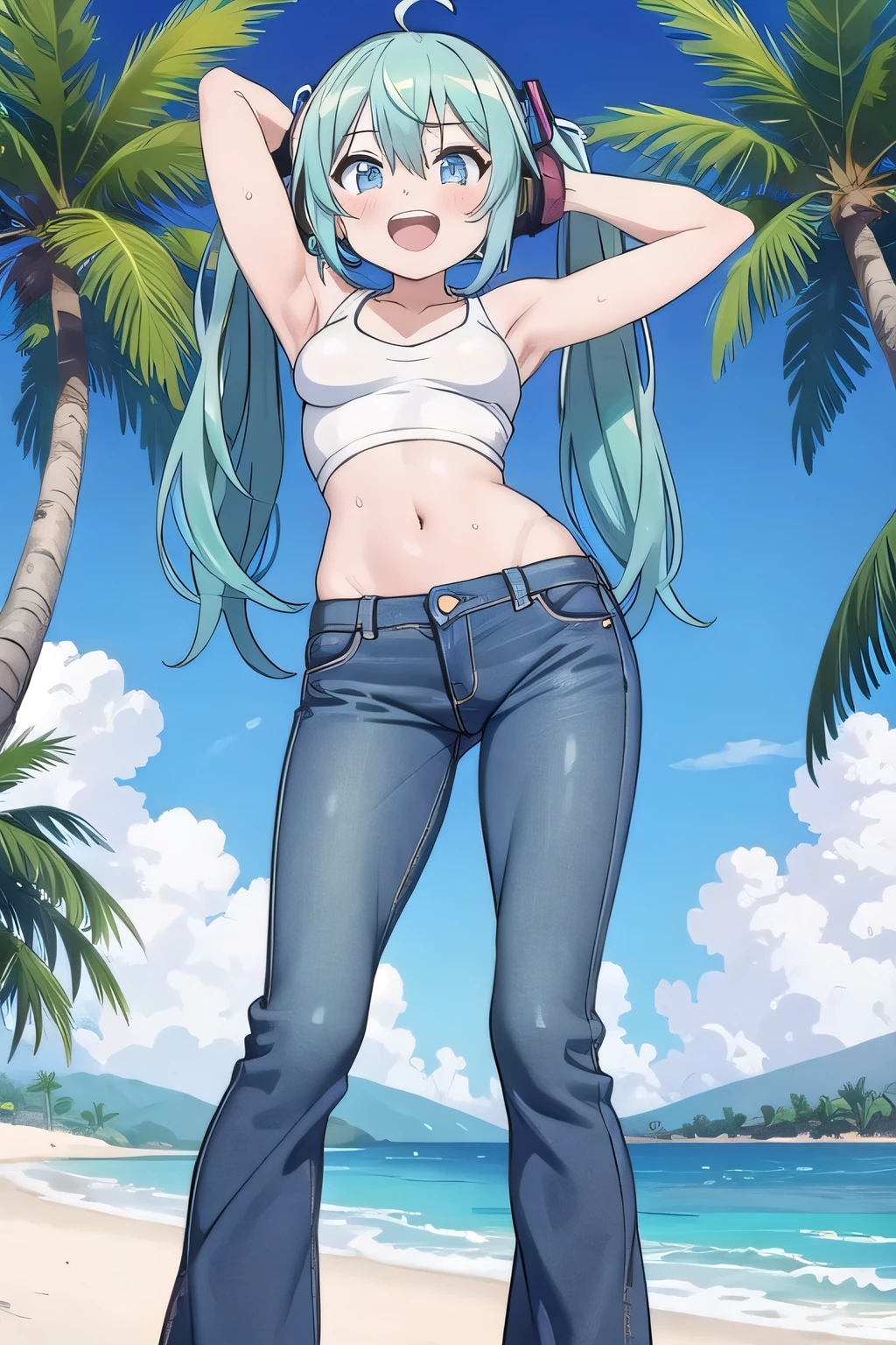 masterpiece,best quality,ultra detail, ((Perfect Face, Perfect Arms, Perfect hands, Perfect Fingers)), 1girl, , peti ((round face, ecstasy, orgasm face, drooping eyes, shame smiling, blush)), dropping eyes, sleepy, Open mouth, ((White teeth)), background((under the beach, (day:1.2), palm tree, bright sky)), miku hatsune, ahoge, aqua eyes, aqua hair, crossed bangs, hair between eyes, hair ornament, (long hair:1.4), headphones, twintails, ((arms behind head, hands behind head, fingers behind head)), ((contrapposto)), spread armpits, looking at viewer,, (white tank top:1.2), (white crop top:1.2), (jeans pants:1.2, flares jeans:1.2, skinny jeans:1.2, blue jeans:1.2), standing, (legs spread:1.4), sex pose, Sweaty crotch, Steam from the crotch, from below, whole body