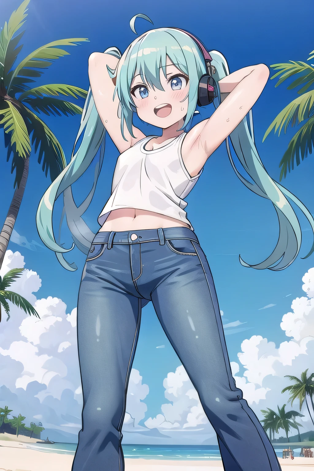 masterpiece,best quality,ultra detail, ((Perfect Face, Perfect Arms, Perfect hands, Perfect Fingers)), 1girl, , peti ((round face, ecstasy, orgasm face, drooping eyes, shame smiling, blush)), dropping eyes, sleepy, Open mouth, ((White teeth)), background((under the beach, (day:1.2), palm tree, bright sky)), miku hatsune, ahoge, aqua eyes, aqua hair, crossed bangs, hair between eyes, hair ornament, (long hair:1.4), headphones, twintails, ((arms behind head, hands behind head, fingers behind head)), ((contrapposto)), spread armpits, looking at viewer,, (white tank top:1.2), (white crop top:1.2), (jeans pants:1.2, flares jeans:1.2, skinny jeans:1.2, blue jeans:1.2), standing, (legs spread:1.4), sex pose, Sweaty crotch, Steam from the crotch, from below, whole body