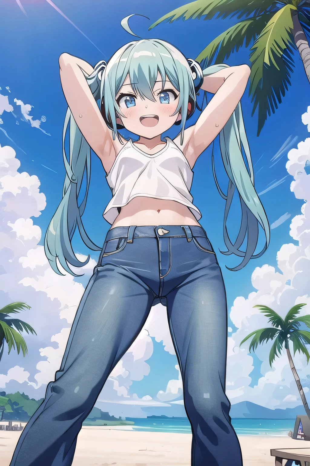masterpiece,best quality,ultra detail, ((Perfect Face, Perfect Arms, Perfect hands, Perfect Fingers)), 1girl, , peti ((round face, ecstasy, orgasm face, drooping eyes, shame smiling, blush)), dropping eyes, sleepy, Open mouth, ((White teeth)), background((under the beach, (day:1.2), palm tree, bright sky)), miku hatsune, ahoge, aqua eyes, aqua hair, crossed bangs, hair between eyes, hair ornament, (long hair:1.4), headphones, twintails, ((arms behind head, hands behind head, fingers behind head)), ((contrapposto)), spread armpits, looking at viewer,, (white tank top:1.2), (white crop top:1.2), (jeans pants:1.2, flares jeans:1.2, skinny jeans:1.2, blue jeans:1.2), standing, (legs spread:1.4), sex pose, Sweaty crotch, Steam from the crotch, from below, whole body