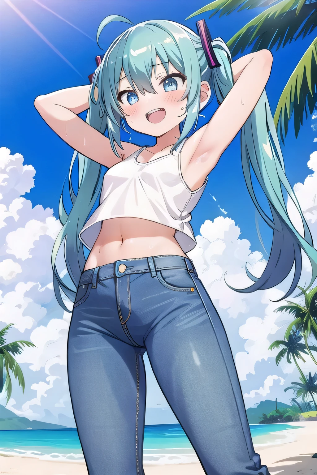 masterpiece,best quality,ultra detail, ((Perfect Face, Perfect Arms, Perfect hands, Perfect Fingers)), 1girl, , peti ((round face, ecstasy, orgasm face, drooping eyes, shame smiling, blush)), dropping eyes, sleepy, Open mouth, ((White teeth)), background((under the beach, (day:1.2), palm tree, bright sky)), miku hatsune, ahoge, aqua eyes, aqua hair, crossed bangs, hair between eyes, hair ornament, (long hair:1.4), headphones, twintails, ((arms behind head, hands behind head, fingers behind head)), ((contrapposto)), spread armpits, looking at viewer,, (white tank top:1.2), (white crop top:1.2), (jeans pants:1.2, flares jeans:1.2, skinny jeans:1.2, blue jeans:1.2), standing, (legs spread:1.4), sex pose, Sweaty crotch, Steam from the crotch, from below, whole body