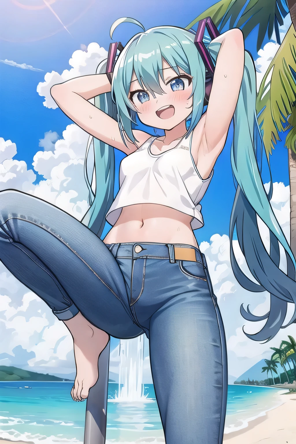 masterpiece,best quality,ultra detail, ((Perfect Face, Perfect Arms, Perfect hands, Perfect Fingers)), 1girl, , peti ((round face, ecstasy, orgasm face, drooping eyes, shame smiling, blush)), dropping eyes, sleepy, Open mouth, ((White teeth)), background((under the beach, (day:1.2), palm tree, bright sky)), miku hatsune, ahoge, aqua eyes, aqua hair, crossed bangs, hair between eyes, hair ornament, (long hair:1.4), headphones, twintails, ((arms behind head, hands behind head, fingers behind head)), ((contrapposto)), spread armpits, looking at viewer,, (white tank top:1.2), (white crop top:1.2), (jeans pants:1.2, flares jeans:1.2, skinny jeans:1.2, blue jeans:1.2), standing, (legs spread:1.4), sex pose, Sweaty crotch, Steam from the crotch, from below, whole body