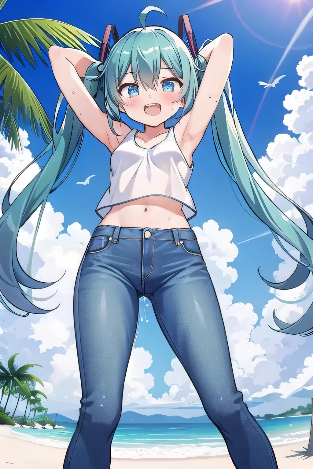masterpiece,best quality,ultra detail, ((Perfect Face, Perfect Arms, Perfect hands, Perfect Fingers)), 1girl, , peti ((round face, ecstasy, orgasm face, drooping eyes, shame smiling, blush)), dropping eyes, sleepy, Open mouth, ((White teeth)), background((under the beach, (day:1.2), palm tree, bright sky)), miku hatsune, ahoge, aqua eyes, aqua hair, crossed bangs, hair between eyes, hair ornament, (long hair:1.4), headphones, twintails, ((arms behind head, hands behind head, fingers behind head)), ((contrapposto)), spread armpits, looking at viewer,, (white tank top:1.2), (white crop top:1.2), (jeans pants:1.2, flares jeans:1.2, skinny jeans:1.2, blue jeans:1.2), standing, (legs spread:1.4), sex pose, Sweaty crotch, Steam from the crotch, from below, whole body