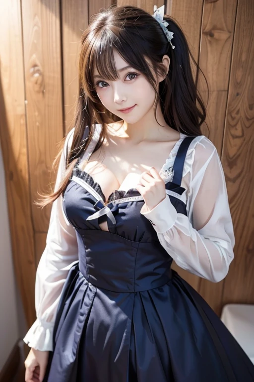 1 girl, in school, big breasts, beautiful body, pretty face, medium long hair, cleavage, red lips, smiling face, red ribbon, black boots, boyish, pantyhose, panties, one-piece dress, miniskirt, secretary make-up, open mouth, seductive gaze