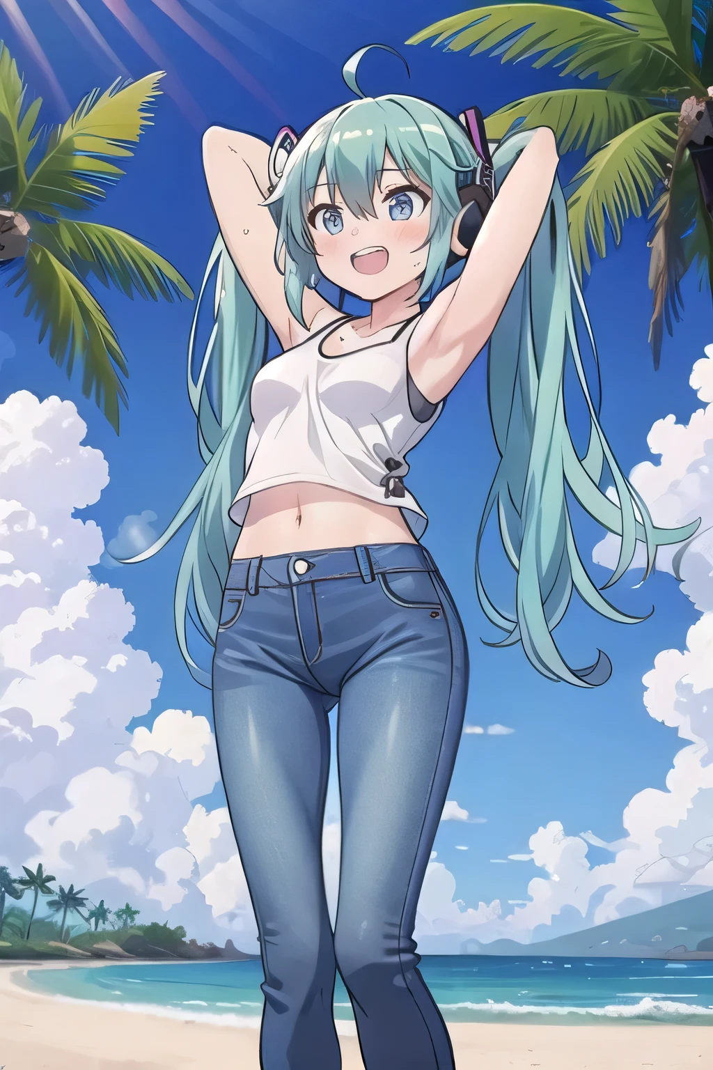 masterpiece,best quality,ultra detail, ((Perfect Face, Perfect Arms, Perfect hands, Perfect Fingers)), 1girl, , peti ((round face, ecstasy, orgasm face, drooping eyes, shame smiling, blush)), dropping eyes, sleepy, Open mouth, ((White teeth)), background((under the beach, (day:1.2), palm tree, bright sky)), miku hatsune, ahoge, aqua eyes, aqua hair, crossed bangs, hair between eyes, hair ornament, (long hair:1.4), headphones, twintails, ((arms behind head, hands behind head, fingers behind head)), ((contrapposto)), spread armpits, looking at viewer,, (white tank top:1.2), (white crop top:1.2), (jeans pants:1.2, flares jeans:1.2, skinny jeans:1.2, blue jeans:1.2), standing, (legs spread:1.4), sex pose, Sweaty crotch, Steam from the crotch, from below, whole body