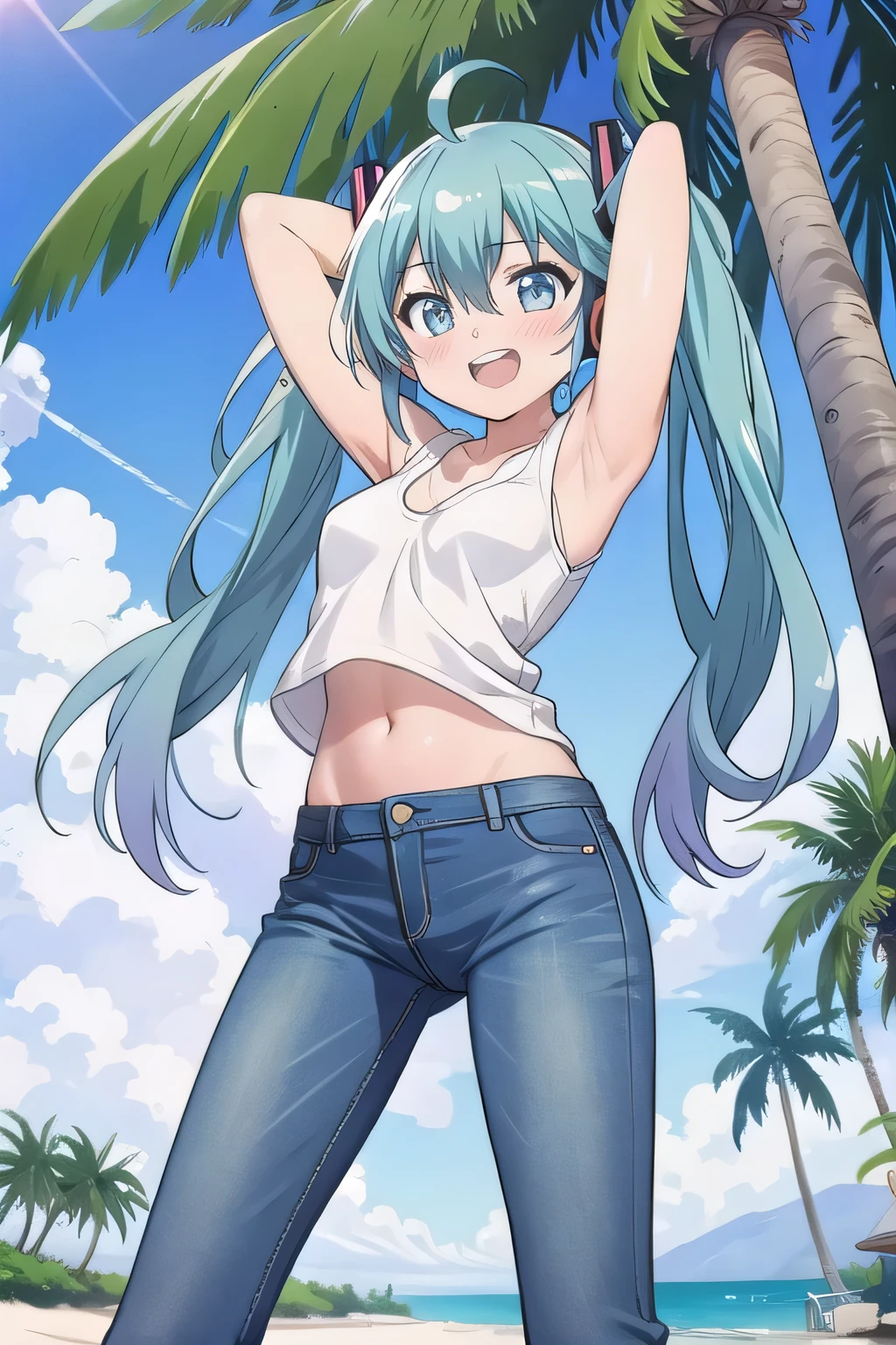 masterpiece,best quality,ultra detail, ((Perfect Face, Perfect Arms, Perfect hands, Perfect Fingers)), 1girl, , peti ((round face, ecstasy, orgasm face, drooping eyes, shame smiling, blush)), dropping eyes, sleepy, Open mouth, ((White teeth)), background((under the beach, (day:1.2), palm tree, bright sky)), miku hatsune, ahoge, aqua eyes, aqua hair, crossed bangs, hair between eyes, hair ornament, (long hair:1.4), headphones, twintails, ((arms behind head, hands behind head, fingers behind head)), ((contrapposto)), spread armpits, looking at viewer,, (white tank top:1.2), (white crop top:1.2), (jeans pants:1.2, flares jeans:1.2, skinny jeans:1.2, blue jeans:1.2), standing, (legs spread:1.4), sex pose, Sweaty crotch, Steam from the crotch, from below, whole body