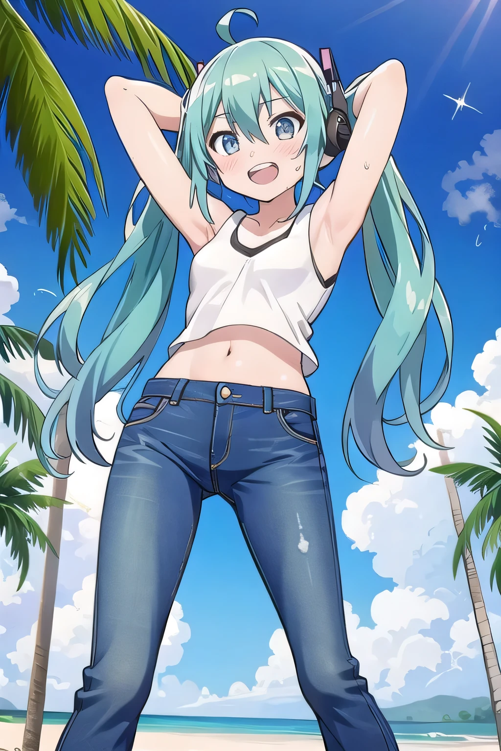 masterpiece,best quality,ultra detail, ((Perfect Face, Perfect Arms, Perfect hands, Perfect Fingers)), 1girl, , peti ((round face, ecstasy, orgasm face, drooping eyes, shame smiling, blush)), dropping eyes, sleepy, Open mouth, ((White teeth)), background((under the beach, (day:1.2), palm tree, bright sky)), miku hatsune, ahoge, aqua eyes, aqua hair, crossed bangs, hair between eyes, hair ornament, (long hair:1.4), headphones, twintails, ((arms behind head, hands behind head, fingers behind head)), ((contrapposto)), spread armpits, looking at viewer,, (white tank top:1.2), (white crop top:1.2), (jeans pants:1.2, flares jeans:1.2, skinny jeans:1.2, blue jeans:1.2), standing, (legs spread:1.4), sex pose, Sweaty crotch, Steam from the crotch, from below, whole body