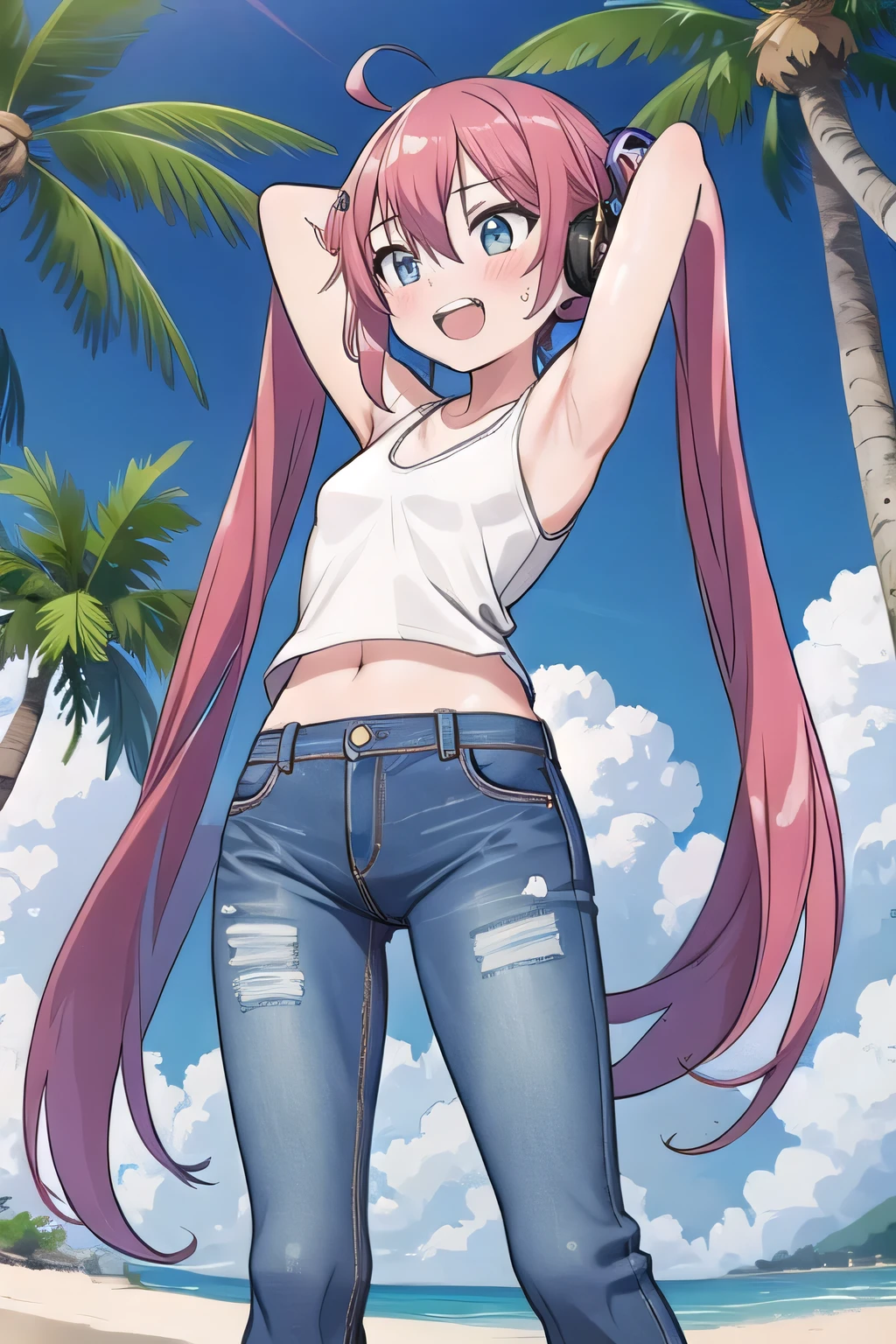 masterpiece,best quality,ultra detail, ((Perfect Face, Perfect Arms, Perfect hands, Perfect Fingers)), 1girl, 14yo, petite, ((round face, ecstasy, orgasm face, drooping eyes, shame smiling, blush)), dropping eyes, sleepy, Open mouth, ((White teeth)), background((under the beach, (day:1.2), palm tree, bright sky)), miku hatsune, ahoge, aqua eyes, aqua hair, crossed bangs, hair between eyes, hair ornament, (long hair:1.4), headphones, twintails, ((arms behind head, hands behind head, fingers behind head)), ((contrapposto)), spread armpits, looking at viewer,, (white tank top:1.2), (white crop top:1.2), (jeans pants:1.2, flares jeans:1.2, skinny jeans:1.2, blue jeans:1.2), standing, (legs spread:1.4), sex pose, Sweaty crotch, Steam from the crotch, from below, whole body