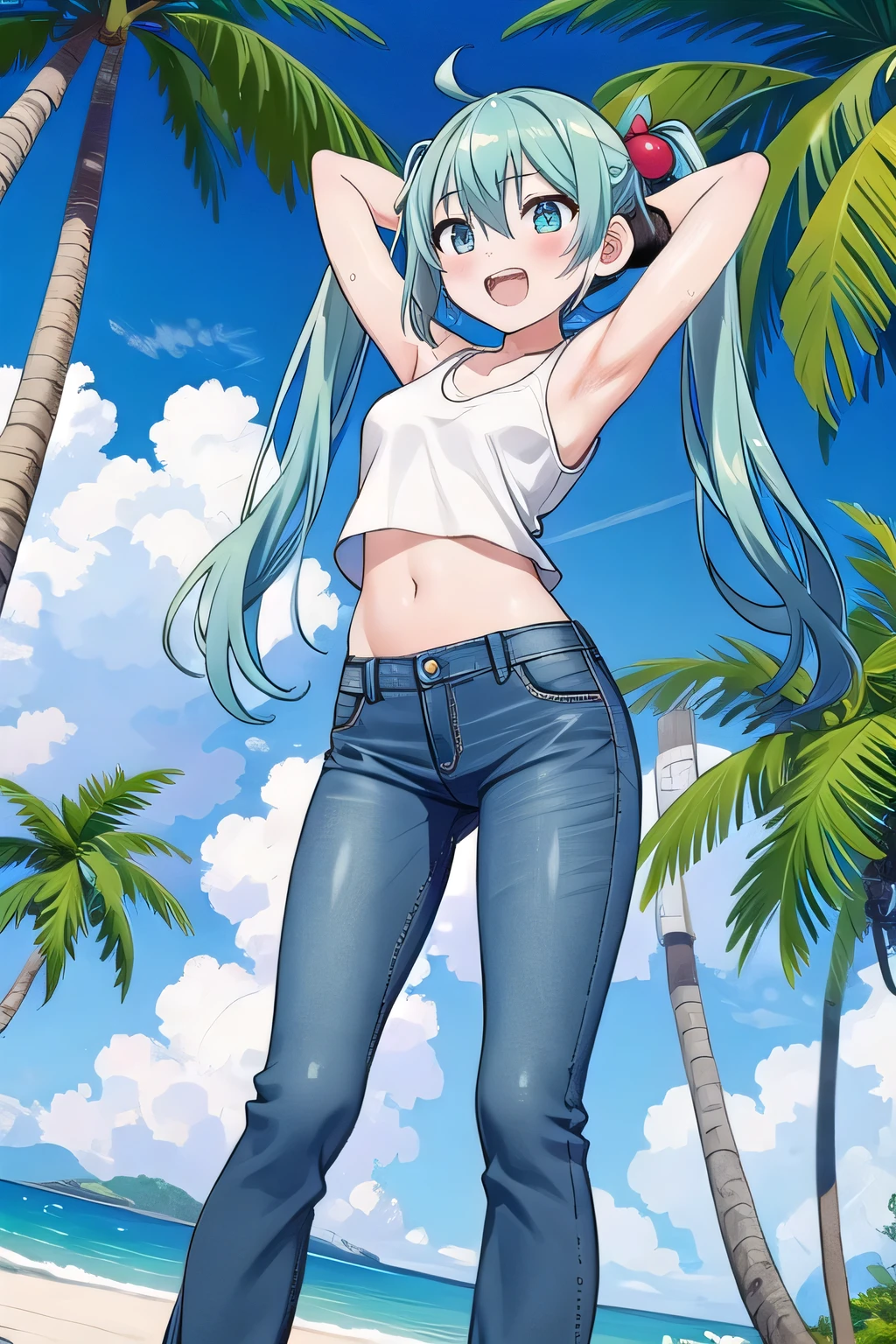 masterpiece,best quality,ultra detail, ((Perfect Face, Perfect Arms, Perfect hands, Perfect Fingers)), 1girl, 14yo, petite, ((round face, ecstasy, orgasm face, drooping eyes, shame smiling, blush)), dropping eyes, sleepy, Open mouth, ((White teeth)), background((under the beach, (day:1.2), palm tree, bright sky)), miku hatsune, ahoge, aqua eyes, aqua hair, crossed bangs, hair between eyes, hair ornament, (long hair:1.4), headphones, twintails, ((arms behind head, hands behind head, fingers behind head)), ((contrapposto)), spread armpits, looking at viewer,, (white tank top:1.2), (white crop top:1.2), (jeans pants:1.2, flares jeans:1.2, skinny jeans:1.2, blue jeans:1.2), standing, (legs spread:1.4), sex pose, Sweaty crotch, Steam from the crotch, from below, whole body