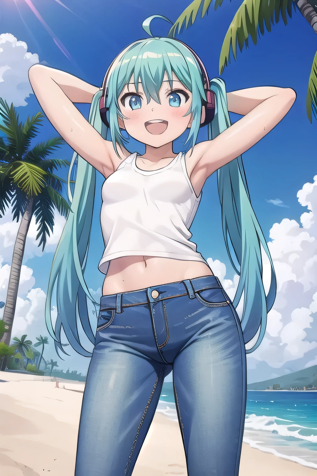 masterpiece,best quality,ultra detail, ((Perfect Face, Perfect Arms, Perfect hands, Perfect Fingers)), 1girl, , peti ((round face, ecstasy, orgasm face, drooping eyes, shame smiling, blush)), dropping eyes, sleepy, Open mouth, ((White teeth)), background((under the beach, (day:1.2), palm tree, bright sky)), miku hatsune, ahoge, aqua eyes, aqua hair, crossed bangs, hair between eyes, hair ornament, (long hair:1.4), headphones, twintails, ((arms behind head, hands behind head, fingers behind head)), ((contrapposto)), spread armpits, looking at viewer,, (white tank top:1.2), (white crop top:1.2), (jeans pants:1.2, flares jeans:1.2, skinny jeans:1.2, blue jeans:1.2), standing, (legs spread:1.4), sex pose, Sweaty crotch, Steam from the crotch, from below, whole body