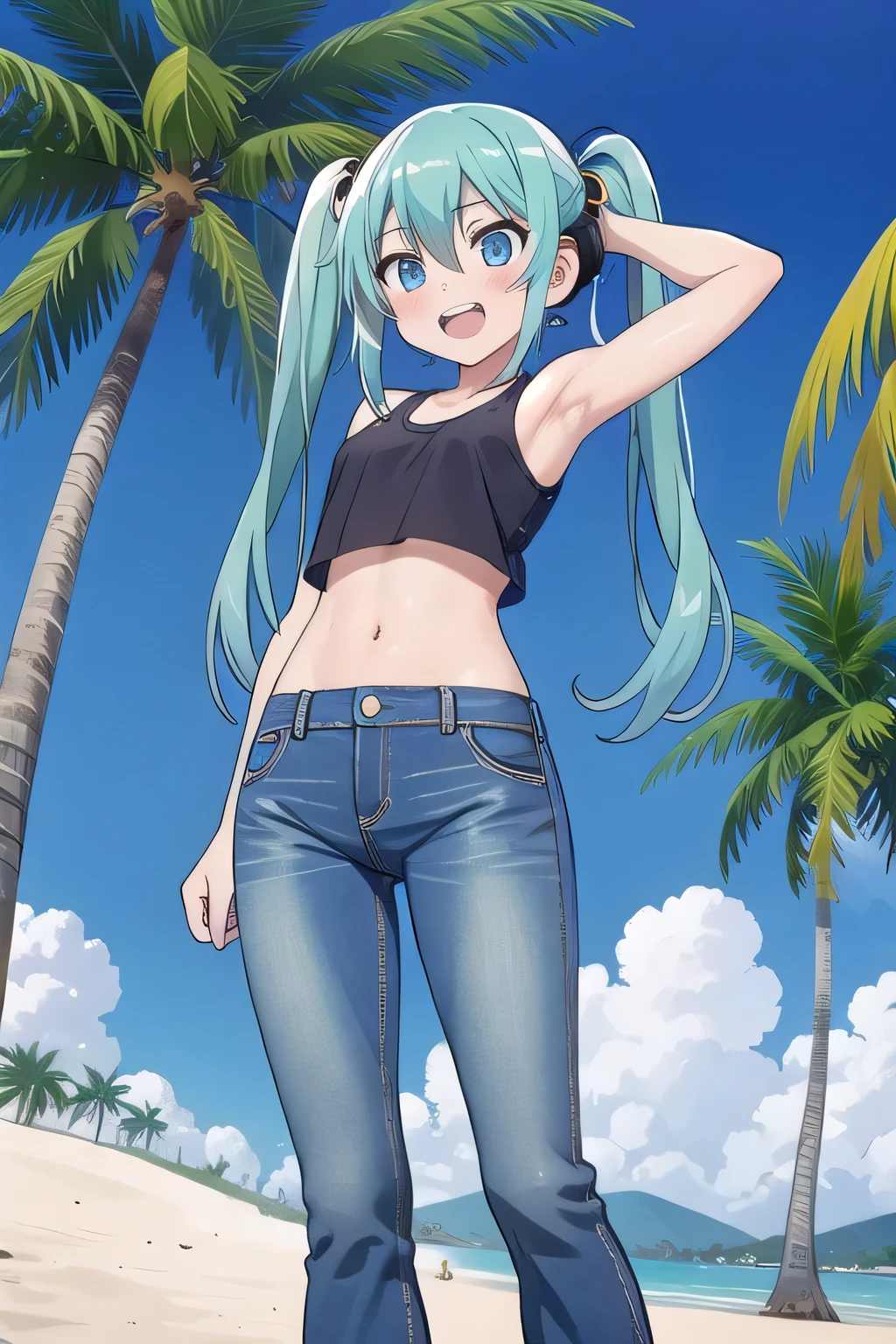 masterpiece,best quality,ultra detail, ((Perfect Face, Perfect Arms, Perfect hands, Perfect Fingers)), 1girl, , peti ((round face, ecstasy, orgasm face, drooping eyes, shame smiling, blush)), dropping eyes, sleepy, Open mouth, ((White teeth)), background((under the beach, (day:1.2), palm tree, bright sky)), miku hatsune, ahoge, aqua eyes, aqua hair, crossed bangs, hair between eyes, hair ornament, (long hair:1.4), headphones, twintails, ((arms behind head, hands behind head, fingers behind head)), ((contrapposto)), spread armpits, looking at viewer,, (white tank top:1.2), (white crop top:1.2), (jeans pants:1.2, flares jeans:1.2, skinny jeans:1.2, blue jeans:1.2), standing, (legs spread:1.4), sex pose, Sweaty crotch, Steam from the crotch, from below, whole body