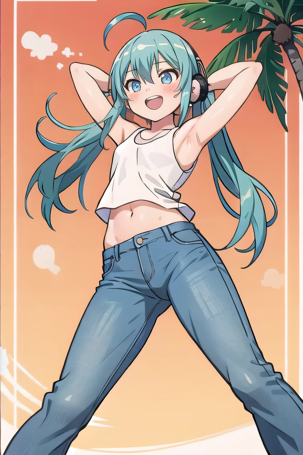 masterpiece,best quality,ultra detail, ((Perfect Face, Perfect Arms, Perfect hands, Perfect Fingers)), 1girl, , peti ((round face, ecstasy, orgasm face, drooping eyes, shame smiling, blush)), dropping eyes, sleepy, Open mouth, ((White teeth)), background((under the beach, (day:1.2), palm tree, bright sky)), miku hatsune, ahoge, aqua eyes, aqua hair, crossed bangs, hair between eyes, hair ornament, (long hair:1.4), headphones, twintails, ((arms behind head, hands behind head, fingers behind head)), ((contrapposto)), spread armpits, looking at viewer,, (white tank top:1.2), (white crop top:1.2), (jeans pants:1.2, flares jeans:1.2, skinny jeans:1.2, blue jeans:1.2), standing, (legs spread:1.4), sex pose, Sweaty crotch, Steam from the crotch, from below, whole body