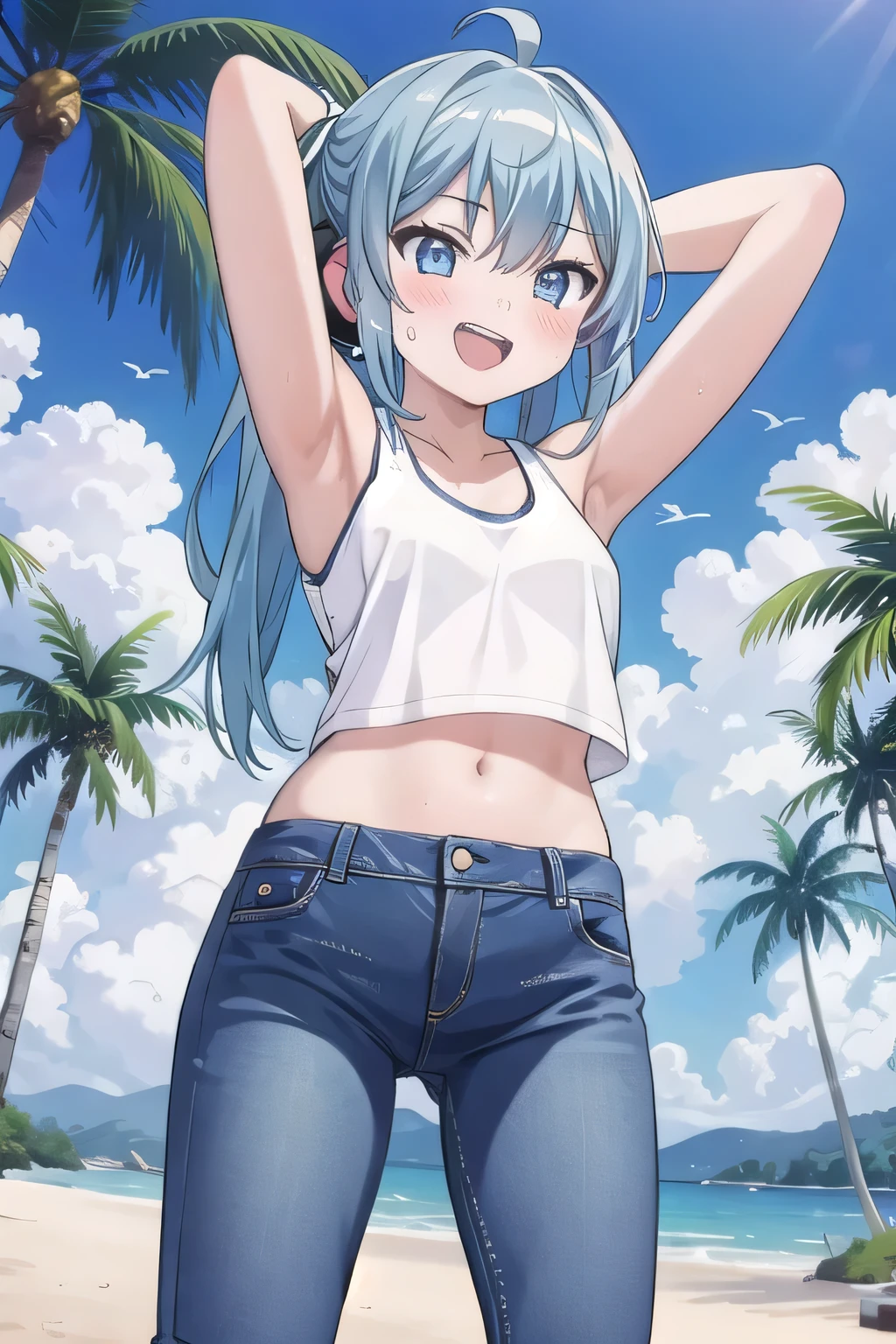 masterpiece,best quality,ultra detail, ((Perfect Face, Perfect Arms, Perfect hands, Perfect Fingers)), 1girl, , peti ((round face, ecstasy, orgasm face, drooping eyes, shame smiling, blush)), dropping eyes, sleepy, Open mouth, ((White teeth)), background((under the beach, (day:1.2), palm tree, bright sky)), miku hatsune, ahoge, aqua eyes, aqua hair, crossed bangs, hair between eyes, hair ornament, (long hair:1.4), headphones, twintails, ((arms behind head, hands behind head, fingers behind head)), ((contrapposto)), spread armpits, looking at viewer,, (white tank top:1.2), (white crop top:1.2), (jeans pants:1.2, flares jeans:1.2, skinny jeans:1.2, blue jeans:1.2), standing, (legs spread:1.4), sex pose, Sweaty crotch, Steam from the crotch, from below, whole body