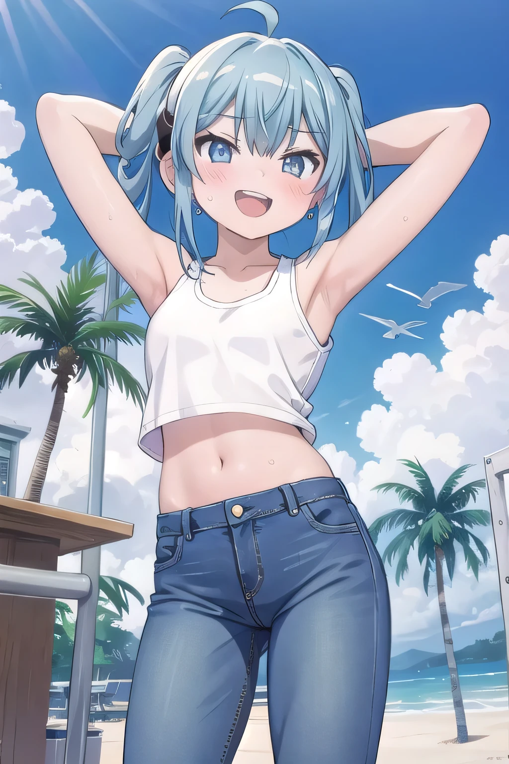 masterpiece,best quality,ultra detail, ((Perfect Face, Perfect Arms, Perfect hands, Perfect Fingers)), 1girl, , peti ((round face, ecstasy, orgasm face, drooping eyes, shame smiling, blush)), dropping eyes, sleepy, Open mouth, ((White teeth)), background((under the beach, (day:1.2), palm tree, bright sky)), miku hatsune, ahoge, aqua eyes, aqua hair, crossed bangs, hair between eyes, hair ornament, (long hair:1.4), headphones, twintails, ((arms behind head, hands behind head, fingers behind head)), ((contrapposto)), spread armpits, looking at viewer,, (white tank top:1.2), (white crop top:1.2), (jeans pants:1.2, flares jeans:1.2, skinny jeans:1.2, blue jeans:1.2), standing, (legs spread:1.4), sex pose, Sweaty crotch, Steam from the crotch, from below, whole body