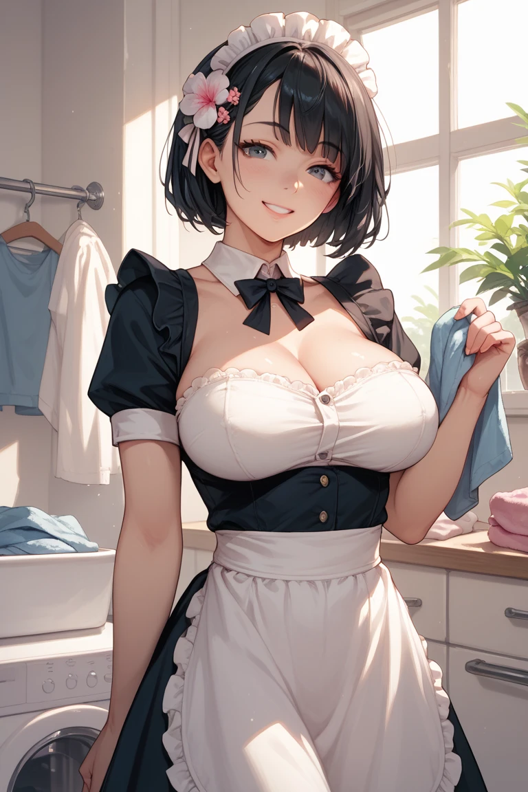 (masterpiece), Mature Woman,Frilled maid outfit, Small breasts,Natural light, Realistic, Diffuse Light, skinny, vapor, (Please lift your skirt), (urination), With a smile.garter belt,Enamel stockings,Long nipples,Areola,See-through bra, Fellatio gestures,Frill apron