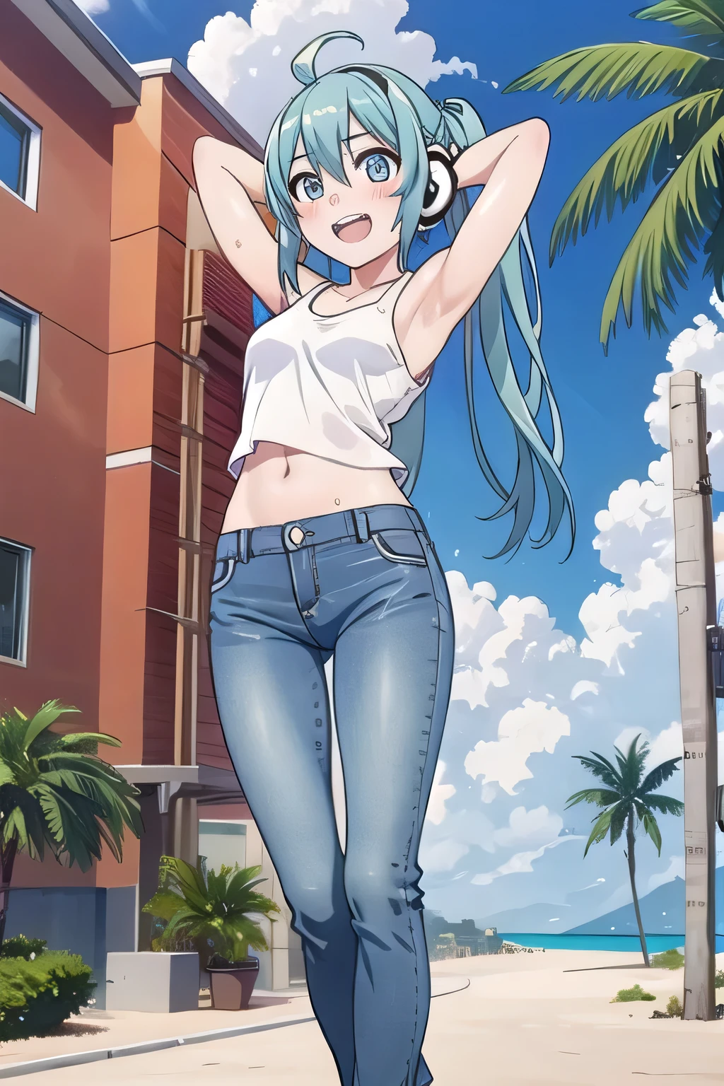 masterpiece,best quality,ultra detail, ((Perfect Face, Perfect Arms, Perfect hands, Perfect Fingers)), 1girl, 14yo, petite, ((round face, ecstasy, orgasm face, drooping eyes, shame smiling, blush)), dropping eyes, sleepy, Open mouth, ((White teeth)), background((under the beach, (day:1.2), palm tree, bright sky)), miku hatsune, ahoge, aqua eyes, aqua hair, crossed bangs, hair between eyes, hair ornament, (long hair:1.4), headphones, twintails, ((arms behind head, hands behind head, fingers behind head)), ((contrapposto)), spread armpits, looking at viewer,, (white tank top:1.2), (white crop top:1.2), (jeans pants:1.2, flares jeans:1.2, skinny jeans:1.2, blue jeans:1.2), standing, (legs spread:1.4), sex pose, Sweaty crotch, Steam from the crotch, from below, full medium body