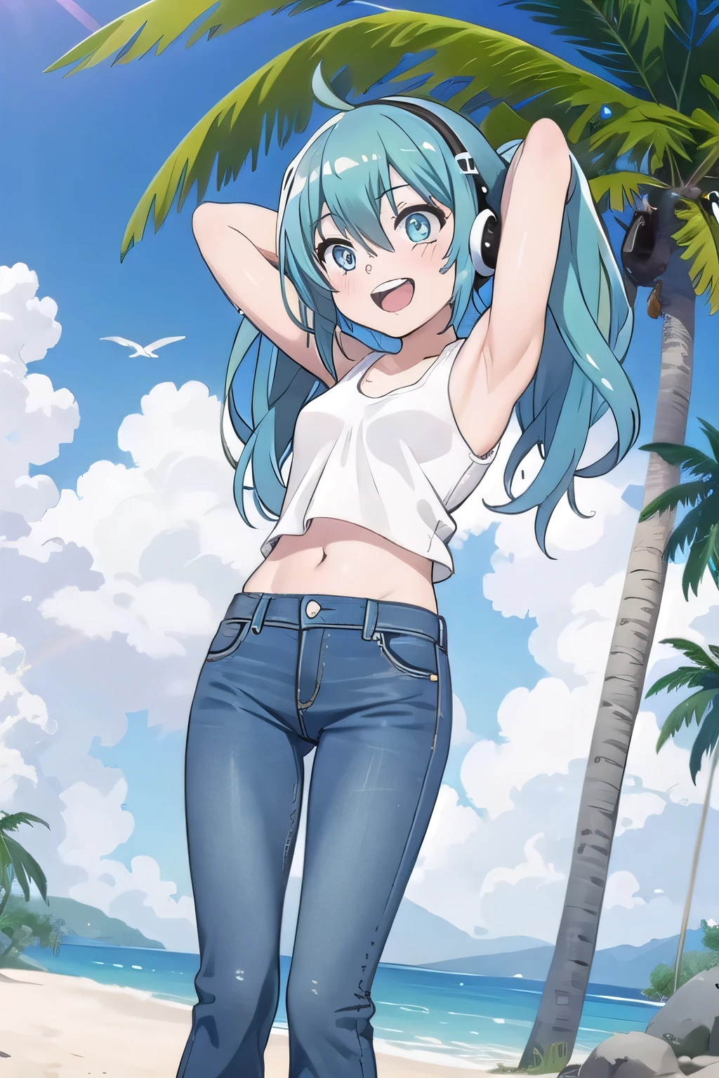masterpiece,best quality,ultra detail, ((Perfect Face, Perfect Arms, Perfect hands, Perfect Fingers)), 1girl, 14yo, petite, ((round face, ecstasy, orgasm face, drooping eyes, shame smiling, blush)), dropping eyes, sleepy, Open mouth, ((White teeth)), background((under the beach, (day:1.2), palm tree, bright sky)), miku hatsune, ahoge, aqua eyes, aqua hair, crossed bangs, hair between eyes, hair ornament, (long hair:1.4), headphones, twintails, ((arms behind head, hands behind head, fingers behind head)), ((contrapposto)), spread armpits, looking at viewer,, (white tank top:1.2), (white crop top:1.2), (jeans pants:1.2, flares jeans:1.2, skinny jeans:1.2, blue jeans:1.2), standing, (legs spread:1.4), sex pose, Sweaty crotch, Steam from the crotch, from below, full medium body
