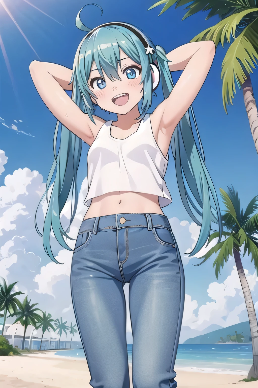 masterpiece,best quality,ultra detail, ((Perfect Face, Perfect Arms, Perfect hands, Perfect Fingers)), 1girl, 14yo, petite, ((round face, ecstasy, orgasm face, drooping eyes, shame smiling, blush)), dropping eyes, sleepy, Open mouth, ((White teeth)), background((under the beach, (day:1.2), palm tree, bright sky)), miku hatsune, ahoge, aqua eyes, aqua hair, crossed bangs, hair between eyes, hair ornament, (long hair:1.4), headphones, twintails, ((arms behind head, hands behind head, fingers behind head)), ((contrapposto)), spread armpits, looking at viewer,, (white tank top:1.2), (white crop top:1.2), (jeans pants:1.2, flares jeans:1.2, skinny jeans:1.2, blue jeans:1.2), standing, (legs spread:1.4), sex pose, Sweaty crotch, Steam from the crotch, from below, full medium body