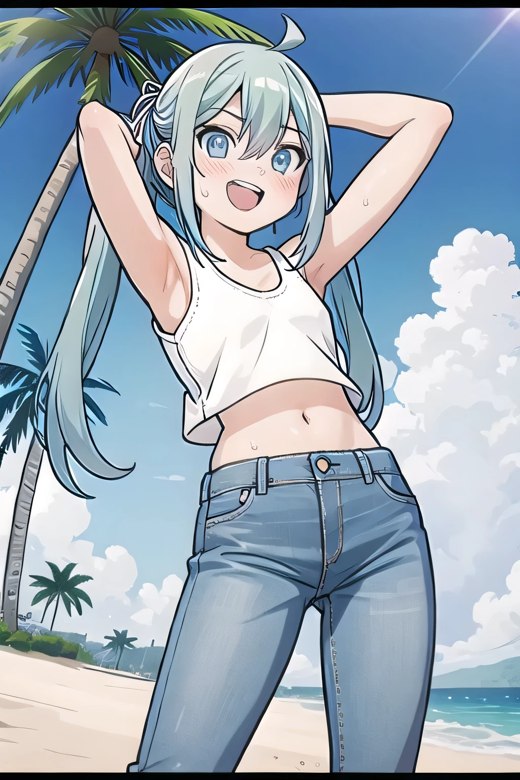 masterpiece,best quality,ultra detail, ((Perfect Face, Perfect Arms, Perfect hands, Perfect Fingers)), 1girl, 14yo, petite, ((round face, ecstasy, orgasm face, drooping eyes, shame smiling, blush)), dropping eyes, sleepy, Open mouth, ((White teeth)), background((under the beach, (day:1.2), palm tree, bright sky)), miku hatsune, ahoge, aqua eyes, aqua hair, crossed bangs, hair between eyes, hair ornament, (long hair:1.4), headphones, twintails, ((arms behind head, hands behind head, fingers behind head)), ((contrapposto)), spread armpits, looking at viewer,, (white tank top:1.2), (white crop top:1.2), (jeans pants:1.2, flares jeans:1.2, skinny jeans:1.2, blue jeans:1.2), standing, (legs spread:1.4), sex pose, Sweaty crotch, Steam from the crotch, from below, whole body