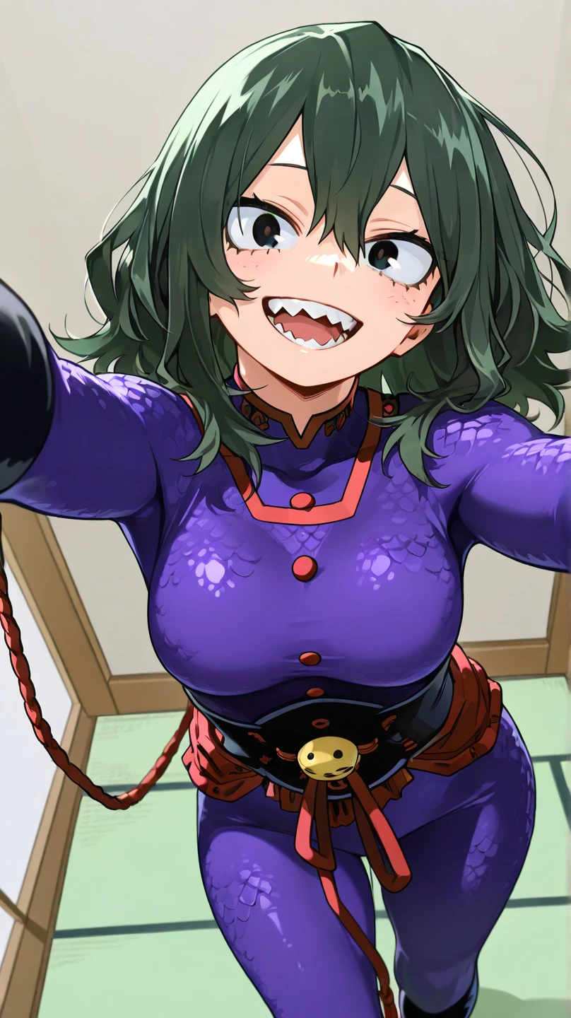 masterpiece, best quality, maki zenin, looking at viewer, green hair, ponytail hair, large breasts, upper body, portrait, looking at viewer, seductive smile,both hands raised, armpits, armpits visible, sweaty armpits,