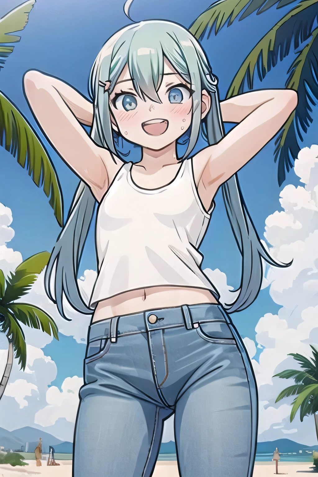 masterpiece,best quality,ultra detail, ((Perfect Face, Perfect Arms, Perfect hands, Perfect Fingers)), 1girl, , peti ((round face, ecstasy, orgasm face, drooping eyes, shame smiling, blush)), dropping eyes, sleepy, Open mouth, ((White teeth)), background((under the beach, (day:1.2), palm tree, bright sky)), miku hatsune, ahoge, aqua eyes, aqua hair, crossed bangs, hair between eyes, hair ornament, (long hair:1.4), headphones, twintails, ((arms behind head, hands behind head, fingers behind head)), ((contrapposto)), spread armpits, looking at viewer,, (white tank top:1.2), (white crop top:1.2), (jeans pants:1.2, flares jeans:1.2, skinny jeans:1.2, blue jeans:1.2), standing, (legs spread:1.4), sex pose, Sweaty crotch, Steam from the crotch, from below, whole body