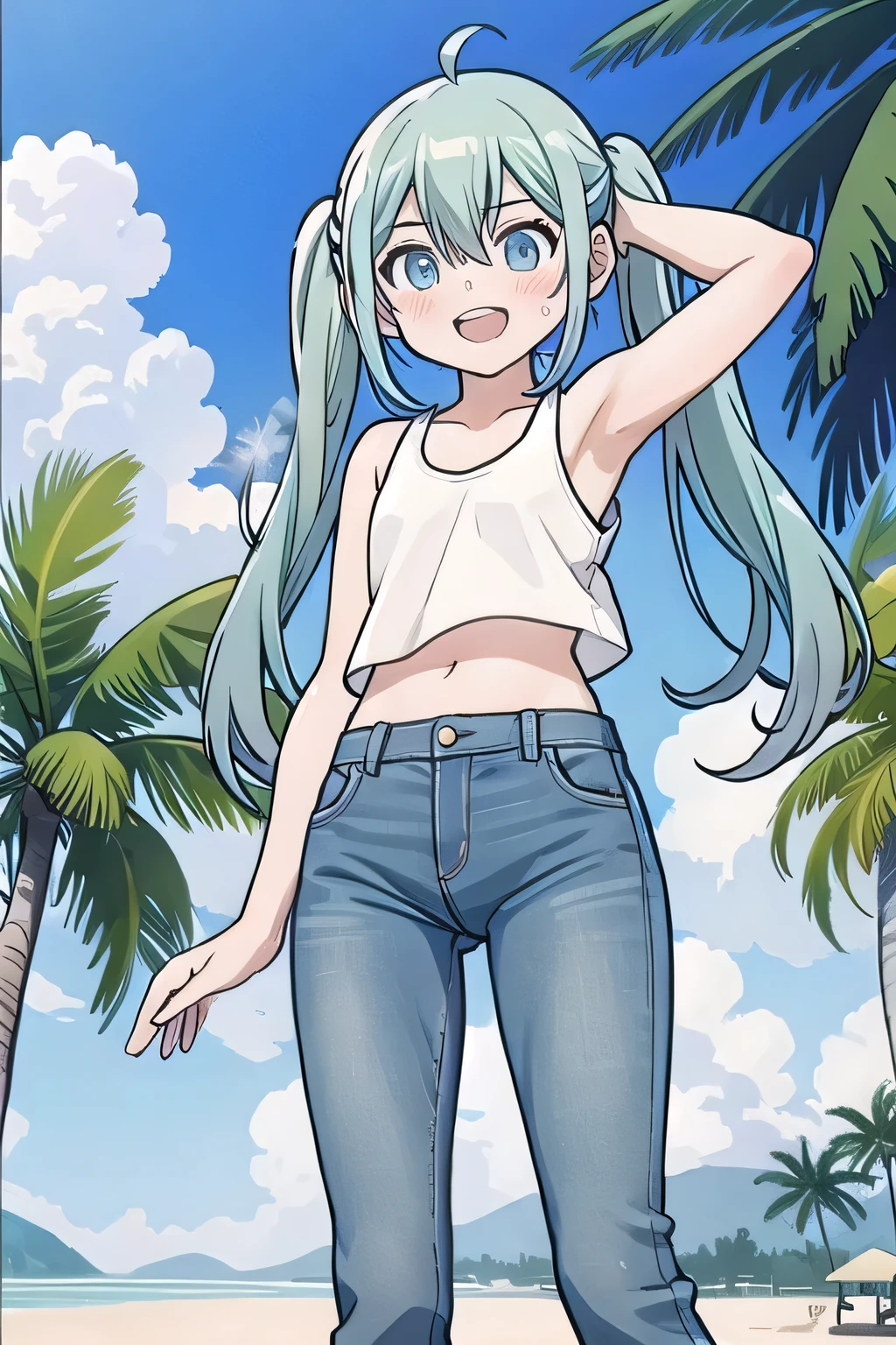 masterpiece,best quality,ultra detail, ((Perfect Face, Perfect Arms, Perfect hands, Perfect Fingers)), 1girl, 14yo, petite, ((round face, ecstasy, orgasm face, drooping eyes, shame smiling, blush)), dropping eyes, sleepy, Open mouth, ((White teeth)), background((under the beach, (day:1.2), palm tree, bright sky)), miku hatsune, ahoge, aqua eyes, aqua hair, crossed bangs, hair between eyes, hair ornament, (long hair:1.4), headphones, twintails, ((arms behind head, hands behind head, fingers behind head)), ((contrapposto)), spread armpits, looking at viewer,, (white tank top:1.2), (white crop top:1.2), (jeans pants:1.2, flares jeans:1.2, skinny jeans:1.2, blue jeans:1.2), standing, (legs spread:1.4), sex pose, Sweaty crotch, Steam from the crotch, from below, whole body