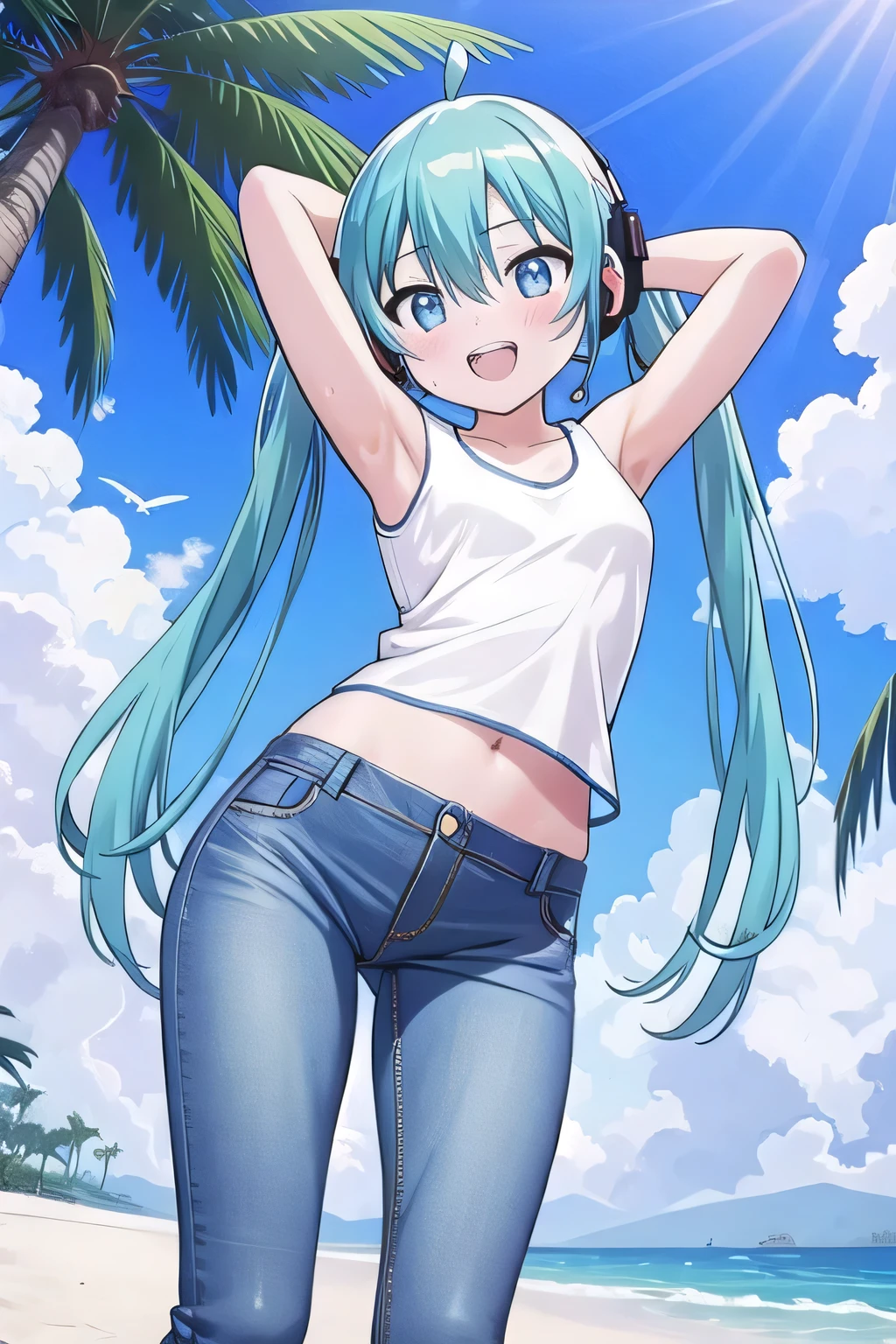 masterpiece,best quality,ultra detail, ((Perfect Face, Perfect Arms, Perfect hands, Perfect Fingers)), 1girl, 14yo, petite, ((round face, ecstasy, orgasm face, drooping eyes, shame smiling, blush)), dropping eyes, sleepy, Open mouth, ((White teeth)), background((under the beach, (day:1.2), palm tree, bright sky)), miku hatsune, ahoge, aqua eyes, aqua hair, crossed bangs, hair between eyes, hair ornament, (long hair:1.4), headphones, twintails, ((arms behind head, hands behind head, fingers behind head)), ((contrapposto)), spread armpits, looking at viewer,, (white tank top:1.2), (white crop top:1.2), (jeans pants:1.2, flares jeans:1.2, skinny jeans:1.2, blue jeans:1.2), standing, (legs spread:1.4), sex pose, Sweaty crotch, Steam from the crotch, from below, whole body