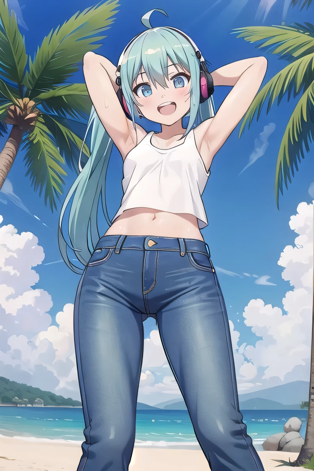 masterpiece,best quality,ultra detail, ((Perfect Face, Perfect Arms, Perfect hands, Perfect Fingers)), 1girl, , petite, ((round face, ecstasy, orgasm face, drooping eyes, shame smiling, blush)), dropping eyes, sleepy, Open mouth, ((White teeth)), background((under the beach, (day:1.2), palm tree, bright sky)), miku hatsune, ahoge, aqua eyes, aqua hair, crossed bangs, hair between eyes, hair ornament, (long hair:1.4), headphones, twintails, ((arms behind head, hands behind head, fingers behind head)), ((contrapposto)), spread armpits, looking at viewer,, (white tank top:1.2), (white crop top:1.2), (jeans pants:1.2, flares jeans:1.2, skinny jeans:1.2, blue jeans:1.2), standing, (legs spread:1.4), sex pose, Sweaty crotch, Steam from the crotch, from below, whole body
