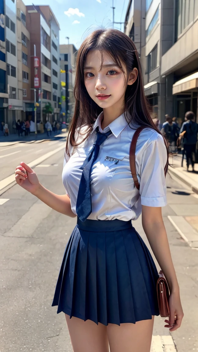 (8K, RAW Photos, Highest quality, masterpiece:1.2), (Realistic, photo-Realistic:1.4), (extremely detailed 8K wallpaper), Sharp focus, Depth of written boundary, Boscinematic Lighting, Soft Light, Beautiful eyes every detail,shiny smooth light brown Long Bob Hair, Asymmetrical bangs, Glowing Skin, Highly detailed skin ,High resolution, Attention to detail, Detailed hairstyle, Attention to detail美顔, hyper Realistic, Perfect limbs, Perfect Anatomy ,1 Japanese girl,Famous Japanese Idols, Perfect female body, Large Breasts,smile,short eyelashes,double eyelid,Long Bob Hair, (school uniform:1.3),(Mini Skirt Navy Mini Skirt), View your viewers, (Crowded street:1.3),Cowboy Shot
