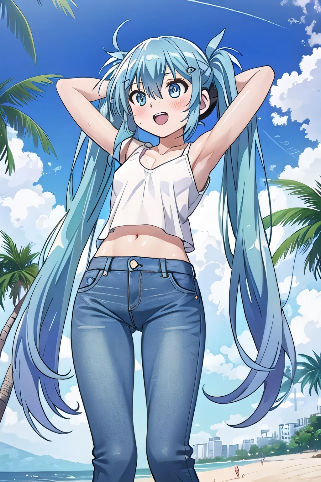 masterpiece,best quality,ultra detail, ((Perfect Face, Perfect Arms, Perfect hands, Perfect Fingers)), 1girl, , petite, ((round face, ecstasy, orgasm face, drooping eyes, shame smiling, blush)), dropping eyes, sleepy, Open mouth, ((White teeth)), background((under the beach, (day:1.2), palm tree, bright sky)), miku hatsune, ahoge, aqua eyes, aqua hair, crossed bangs, hair between eyes, hair ornament, (long hair:1.4), headphones, twintails, ((arms behind head, hands behind head, fingers behind head)), ((contrapposto)), spread armpits, looking at viewer,, (white tank top:1.2), (white crop top:1.2), (jeans pants:1.2, flares jeans:1.2, skinny jeans:1.2, blue jeans:1.2), standing, (legs spread:1.4), sex pose, Sweaty crotch, Steam from the crotch, from below, whole body