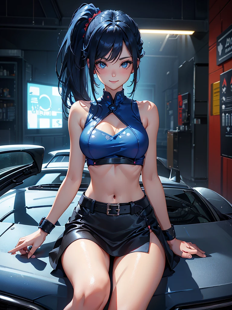 make anime girl in night, girl have big tits, she is siting on the car