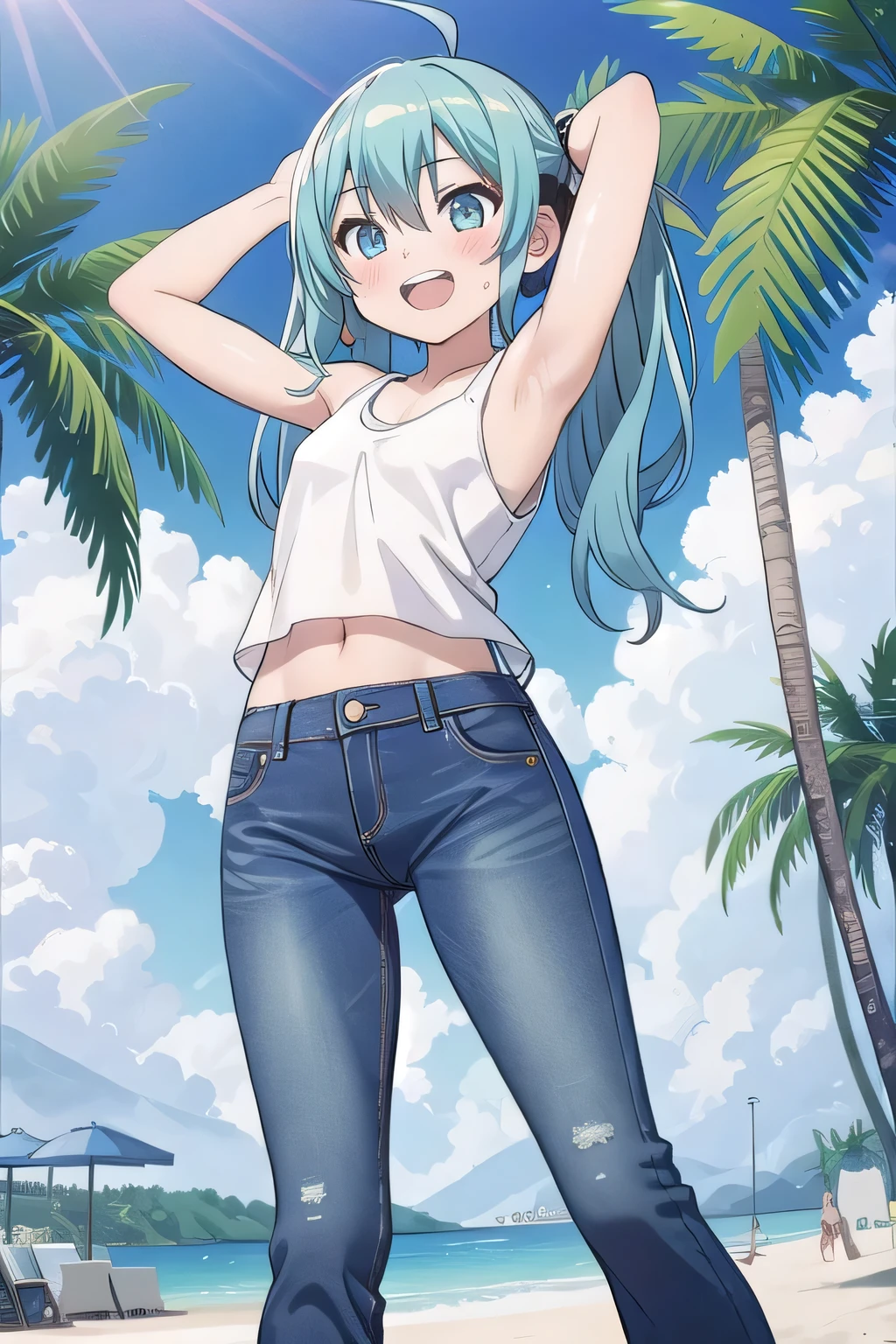 masterpiece,best quality,ultra detail, ((Perfect Face, Perfect Arms, Perfect hands, Perfect Fingers)), 1girl, , peti ((round face, ecstasy, orgasm face, drooping eyes, shame smiling, blush)), dropping eyes, sleepy, Open mouth, ((White teeth)), background((under the beach, (day:1.2), palm tree, bright sky)), miku hatsune, ahoge, aqua eyes, aqua hair, crossed bangs, hair between eyes, hair ornament, (long hair:1.4), headphones, twintails, ((arms behind head, hands behind head, fingers behind head)), ((contrapposto)), spread armpits, looking at viewer,, (white tank top:1.2), (white crop top:1.2), (jeans pants:1.2, flares jeans:1.2, skinny jeans:1.2, blue jeans:1.2), standing, (legs spread:1.4), sex pose, Sweaty crotch, Steam from the crotch, from below, whole body