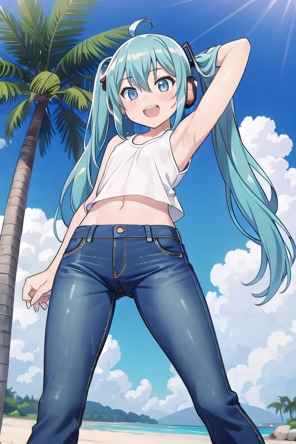 masterpiece,best quality,ultra detail, ((Perfect Face, Perfect Arms, Perfect hands, Perfect Fingers)), 1girl, , peti ((round face, ecstasy, orgasm face, drooping eyes, shame smiling, blush)), dropping eyes, sleepy, Open mouth, ((White teeth)), background((under the beach, (day:1.2), palm tree, bright sky)), miku hatsune, ahoge, aqua eyes, aqua hair, crossed bangs, hair between eyes, hair ornament, (long hair:1.4), headphones, twintails, ((arms behind head, hands behind head, fingers behind head)), ((contrapposto)), spread armpits, looking at viewer,, (white tank top:1.2), (white crop top:1.2), (jeans pants:1.2, flares jeans:1.2, skinny jeans:1.2, blue jeans:1.2), standing, (legs spread:1.4), sex pose, Sweaty crotch, Steam from the crotch, from below, whole body