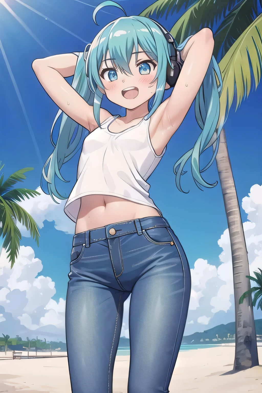 masterpiece,best quality,ultra detail, ((Perfect Face, Perfect Arms, Perfect hands, Perfect Fingers)), 1girl, , peti ((round face, ecstasy, orgasm face, drooping eyes, shame smiling, blush)), dropping eyes, sleepy, Open mouth, ((White teeth)), background((under the beach, (day:1.2), palm tree, bright sky)), miku hatsune, ahoge, aqua eyes, aqua hair, crossed bangs, hair between eyes, hair ornament, (long hair:1.4), headphones, twintails, ((arms behind head, hands behind head, fingers behind head)), ((contrapposto)), spread armpits, looking at viewer,, (white tank top:1.2), (white crop top:1.2), (jeans pants:1.2, flares jeans:1.2, skinny jeans:1.2, blue jeans:1.2), standing, (legs spread:1.4), sex pose, Sweaty crotch, Steam from the crotch, from below, whole body