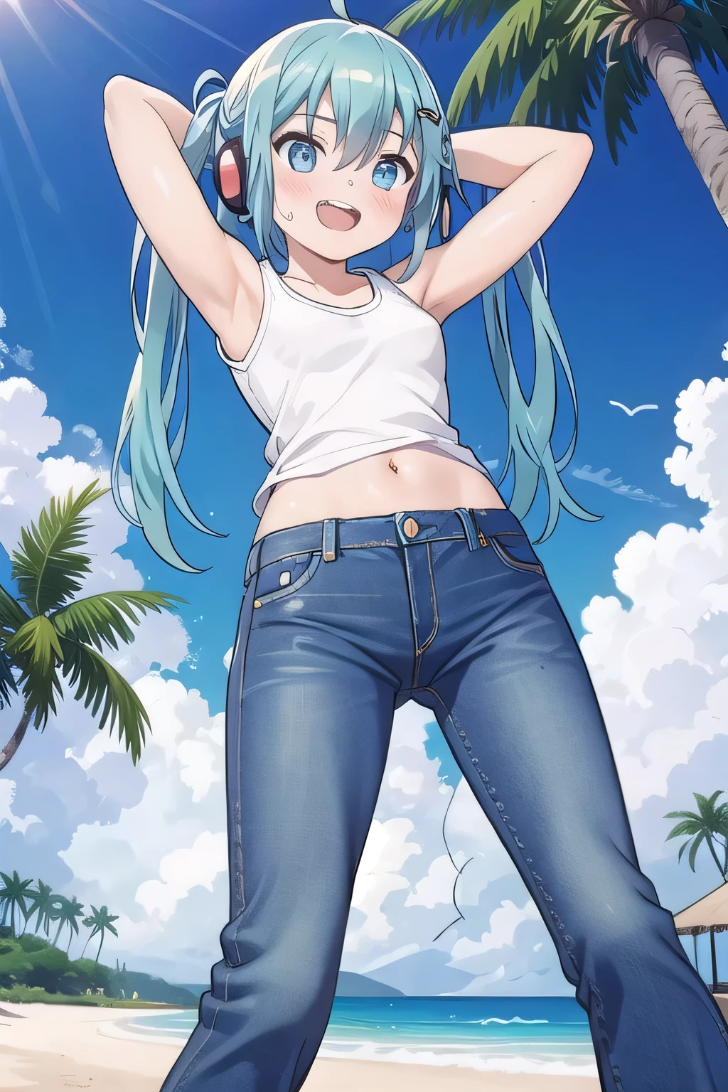 masterpiece,best quality,ultra detail, ((Perfect Face, Perfect Arms, Perfect hands, Perfect Fingers)), 1girl, , peti ((round face, ecstasy, orgasm face, drooping eyes, shame smiling, blush)), dropping eyes, sleepy, Open mouth, ((White teeth)), background((under the beach, (day:1.2), palm tree, bright sky)), miku hatsune, ahoge, aqua eyes, aqua hair, crossed bangs, hair between eyes, hair ornament, (long hair:1.4), headphones, twintails, ((arms behind head, hands behind head, fingers behind head)), ((contrapposto)), spread armpits, looking at viewer,, (white tank top:1.2), (white crop top:1.2), (jeans pants:1.2, flares jeans:1.2, skinny jeans:1.2, blue jeans:1.2), standing, (legs spread:1.4), sex pose, Sweaty crotch, Steam from the crotch, from below, whole body