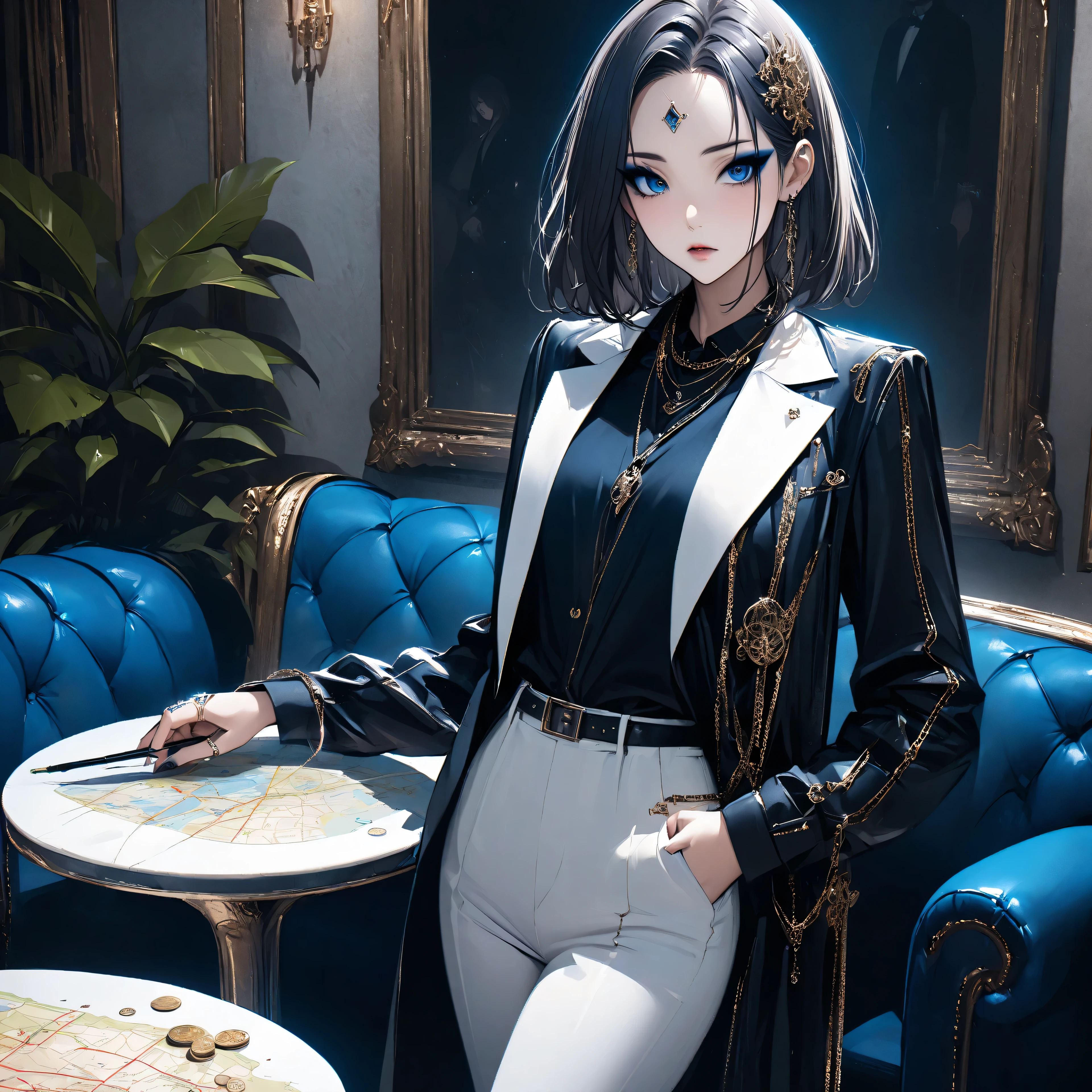 top quality、Ultra-precise depiction、 detailed map、 bright colors visible from the forehead、 beautiful girl 、 alone、40 years old、 Height、 accurate facial depiction、bar、Sofa、 table、wine、coin、 tuxedo、 shirt、 tie、 bust up、 Skin radiance、 Beautiful figure 、 Very Shorthair、Bad mood、 sharp eyesight、Narrow eyes、 sink、 Tilt Your Head、 hair ornament、 face paint、 dark makeup、blue rouge、 eyeliner、 eyeshadow、Glitter on hair 、 slender figure、metal chain、 jewel necklace 、ring、Bangles、 Fashion Model