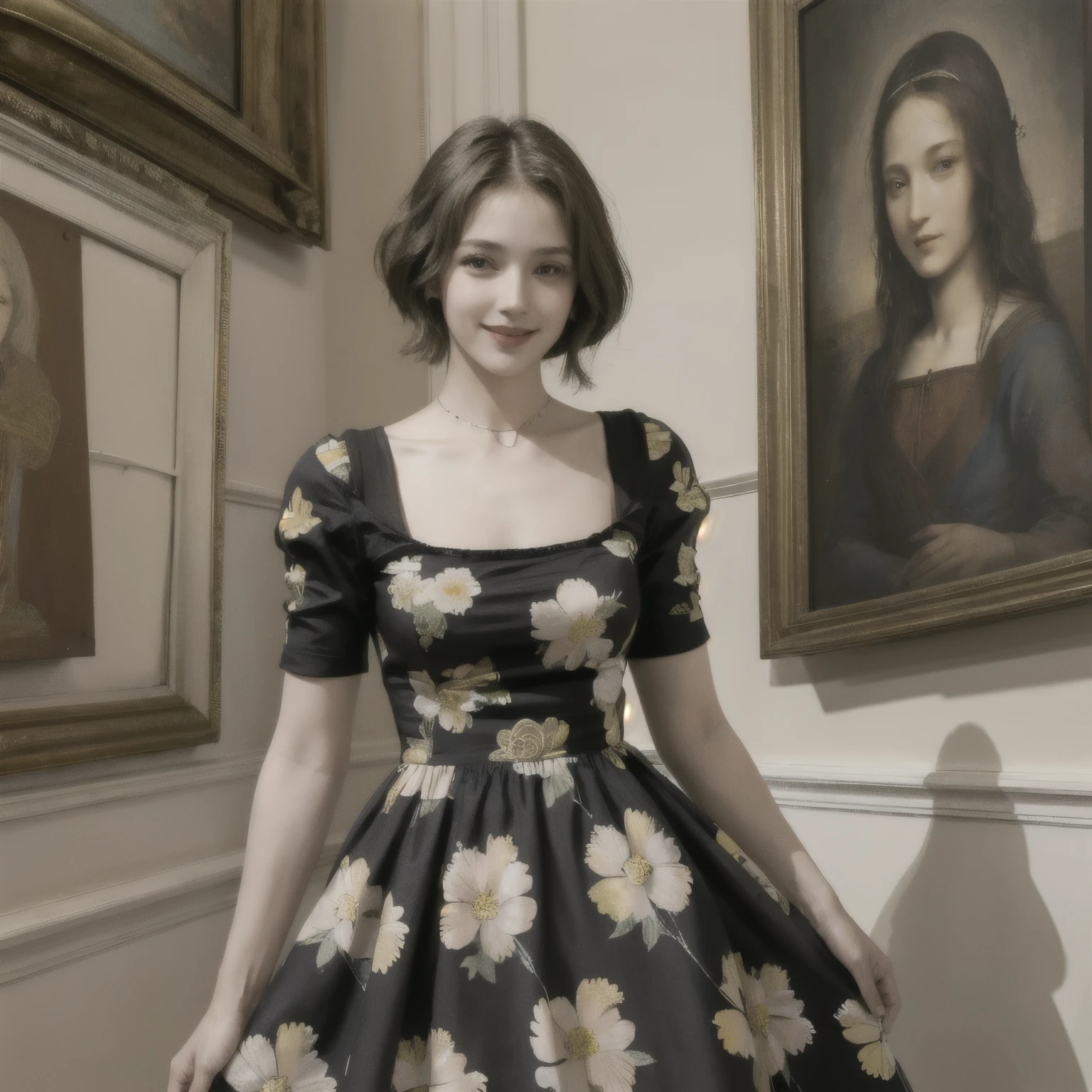 358 (20-year-old woman),( short hair), ( High Definition Photos ), (smile), (colorful floral dress), (Leonardo da Vinci paintings)