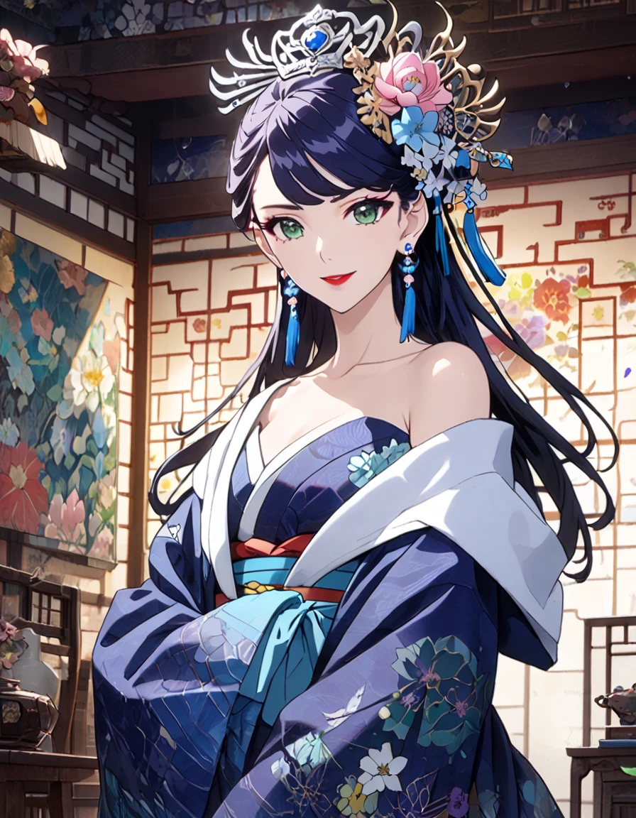 Adult woman, long black hair, blue eyes, open kimono, open breasts, big breasts, smile, masterpiece, high quality