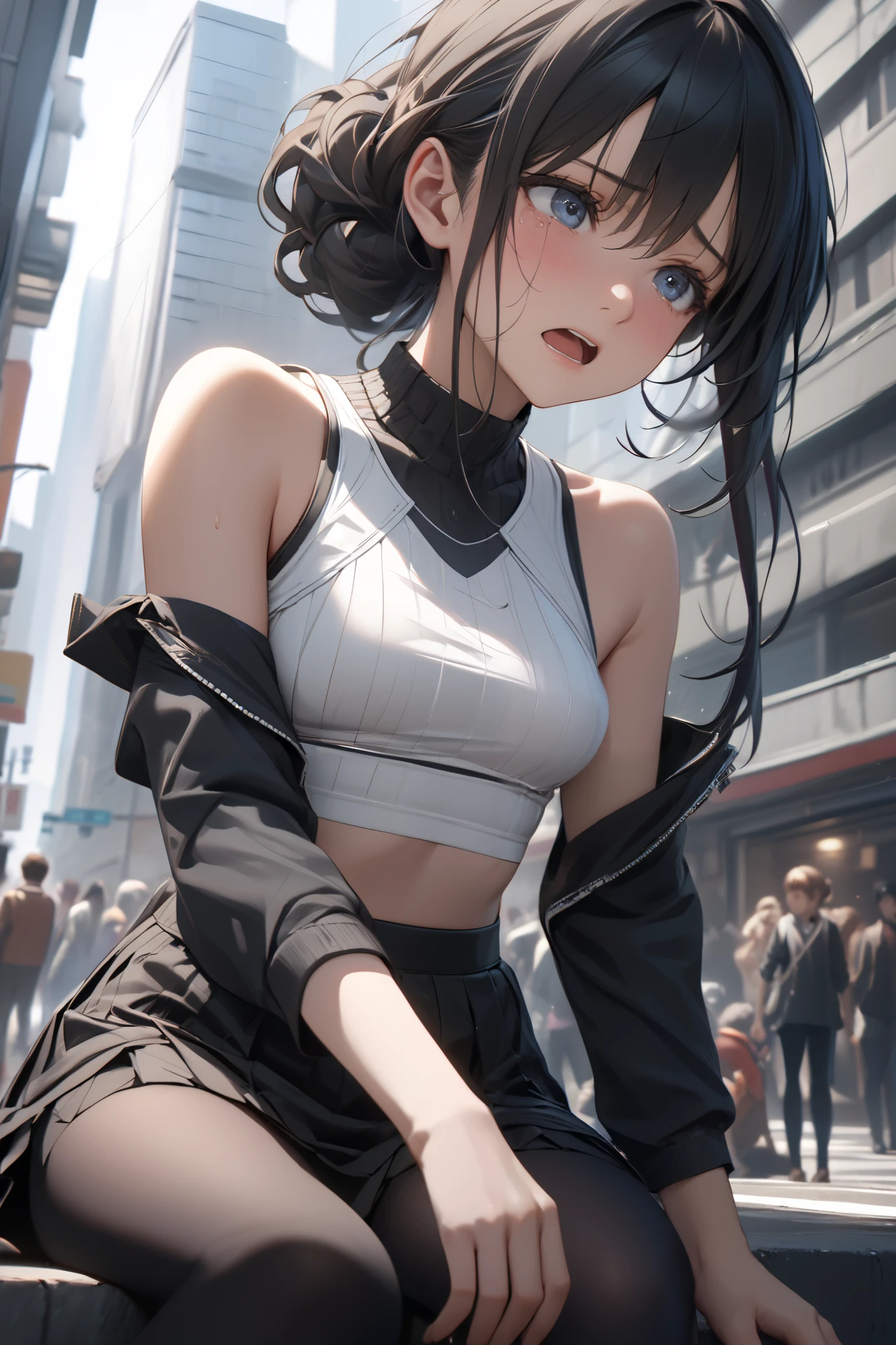 Masterpiece, Max Image Quality, very detailed description ,highest quality, UHD, retina, masterpiece, accurate anatomy, super detailed, high quality, best quality, 8k, top quality, Masterpiece, Masterpiece, Extreme Advanced Details , depicting a delicate face ,( Delicate Hair Description ),( delicate eye description), Young woman, anime style, sitting on light-colored tiled floor, long black hair, light skin, /young adult age range. Open mouth, expressive face, emotional distress, tears visible, showing distress and pain. White crop top, black short skirt, black leggings underneath. Detailed black gloves on arms. Light-colored underwear visible below the skirt. Detailed, realistic anatomical features, high-quality rendering. Sunlight, casting shadows, impacting the subject and the environment. Low angle, close-up perspective. Emphasis on detail and realism. Contemporary anime aesthetic. Detailed textures in clothing and hair. Neutral color palette, with a melancholic mood. Focus on facial expression and emotional intensity. Precise detailing of features and attire, depicting the character's posture and body language. Artistic rendering style evocative of video game character design. in a busy city,Sitting on a busy street,