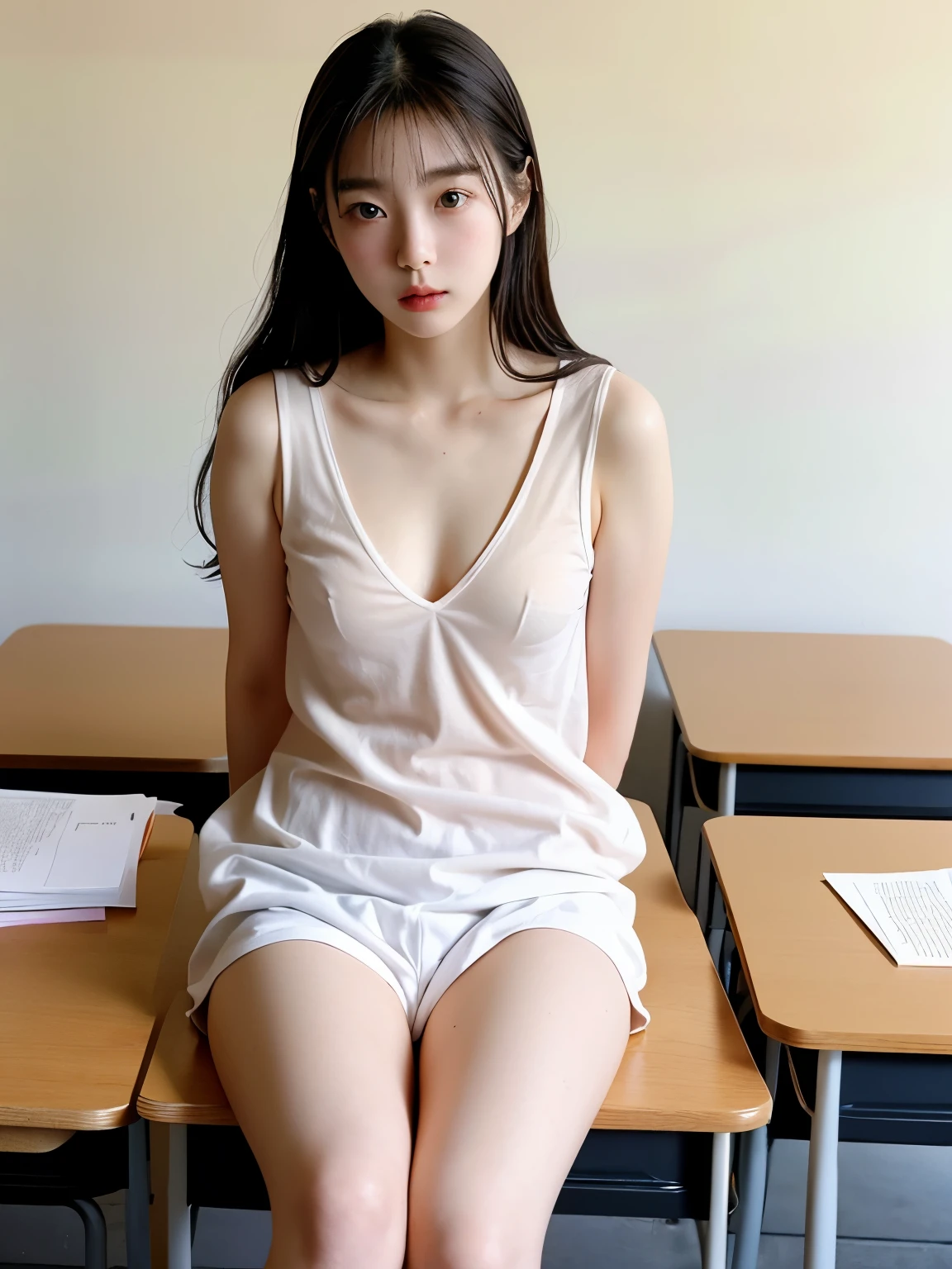 1 person, , small, dual, Black Hair, (vagina), (vaole), (labora), (classroothe desk, School), (Aperture value F22,15mm value,ISO800 setting), masterpiece,highest quality,8K quality,RAW Photos,Professional photography,Professional Lighting, (hug), (thin:1.8, skinny:1.8), (Slender body:1.8, Moderate Buff), (slim lower body:1.8), (Sweat, Wet), Short length, Plain Girl, Japanese Girls, (Licking one's lips), (Pussy juice:1.8, Cum in pussyam Pie), (Pussy je:1.8),ead your legs), (M字S your legs), (small breasts:1.9), (from above), (Face to face), (on (Lying on your back), (Braid), (Provocative smile), ((View your viewers)), ((school bag, camisole)), ((Blushing Pussy)), (skirt aside), An innocent smile, Bend your lanus,(((Brat)))