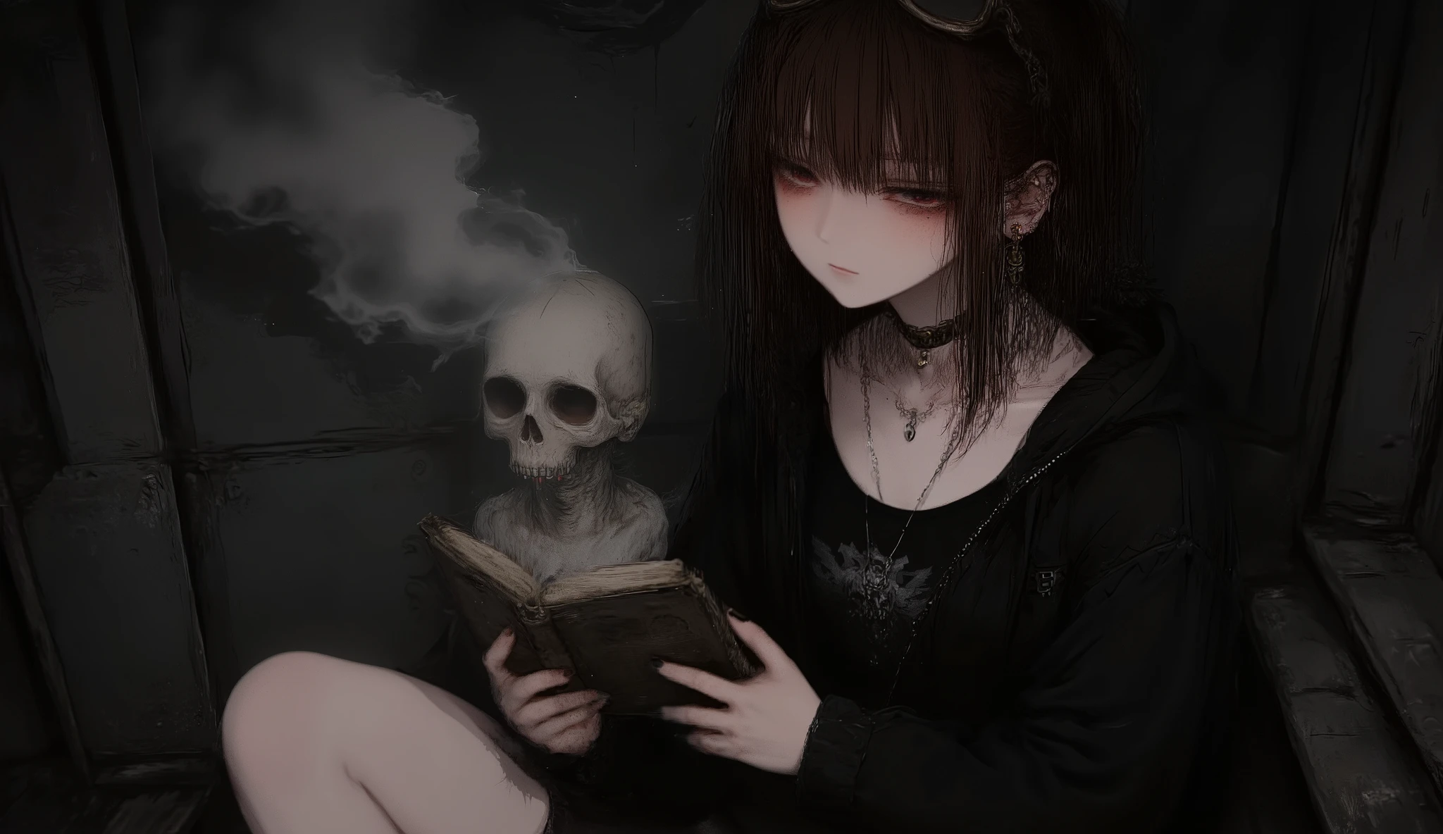 (best quality, 128k,highres,masterpiece:1.2),ultra-detailed,(realistic,photorealistic,photo-realistic:1.37), ((masterpiece)) ((photography)) ((Highest quality)) An anime gothic-steampunk woman with red hair, tattoos, and piercings, reading a book covered with a skull, with smoke emanating from it. She wears a black leather outfit with steampunk-inspired details, including metallic gears and a matching cap with goggles. The setting is dark and moody, with soft bokeh lights. Ultra-HD 8K, photorealistic, soft lighting, sharp details, high contrast.