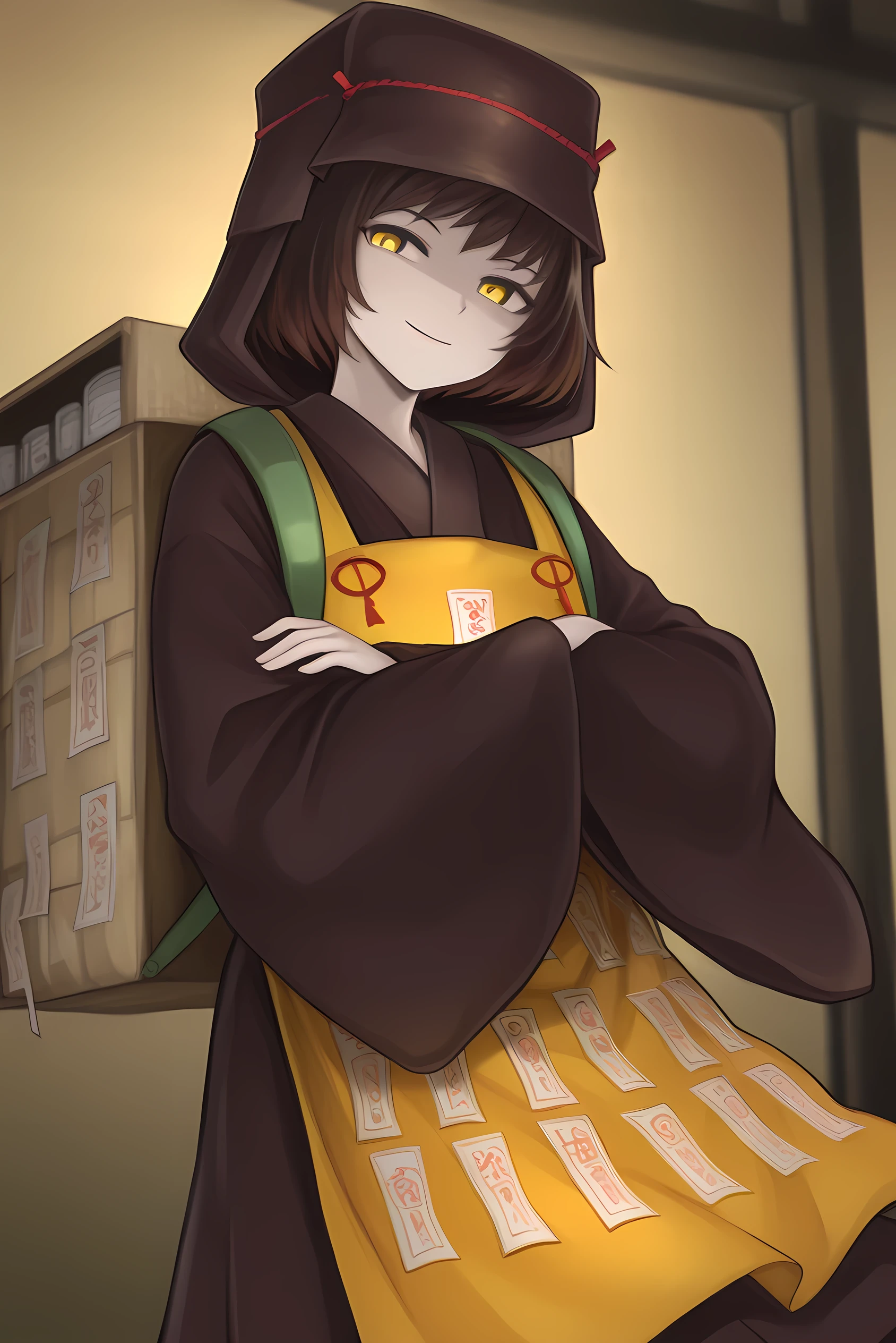 safe_pos, 

1girl, solo, Kagetsumugi, short hair, brown hair, yellow eyes, black kimono, very long sleeves, wide sleeves, hood, yellow apron, ofuda, (ofuda in apron), backpack,

Smile, standing,

gbf_style, 748cmstyle,

BREAK,

score_9, score_8_up, score_7_up, score_6_up, dramatic lighting, soft shading, pureerosface_v1, quality, amazing quality, masterpiece, absurdres