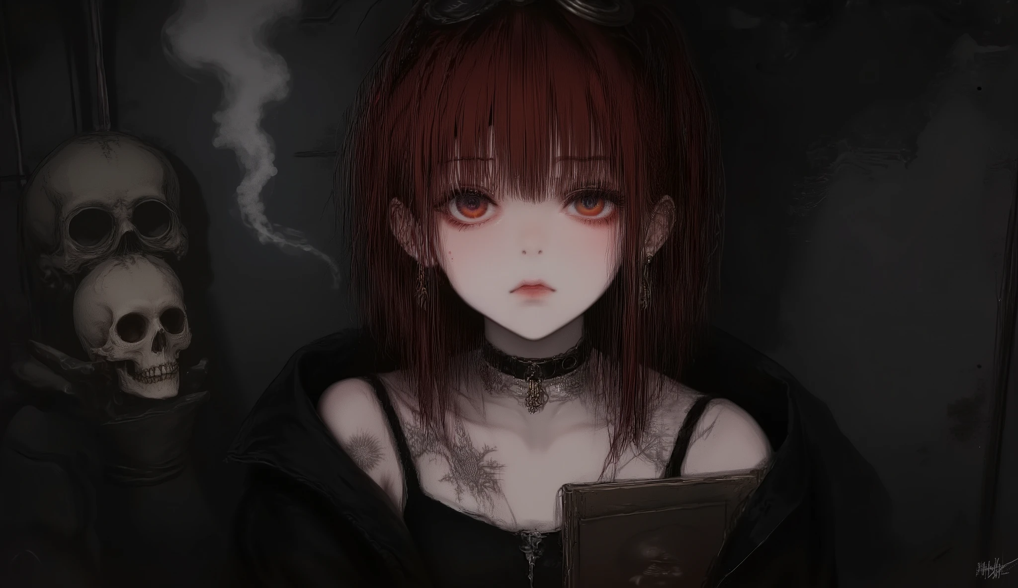 (best quality, 128k,highres,masterpiece:1.2),ultra-detailed,(realistic,photorealistic,photo-realistic:1.37), ((masterpiece)) ((photography)) ((Highest quality)) An anime gothic-steampunk woman with red hair, tattoos, and piercings, reading a book covered with a skull, with smoke emanating from it. She wears a black leather outfit with steampunk-inspired details, including metallic gears and a matching cap with goggles. The setting is dark and moody, with soft bokeh lights. Ultra-HD 8K, photorealistic, soft lighting, sharp details, high contrast.