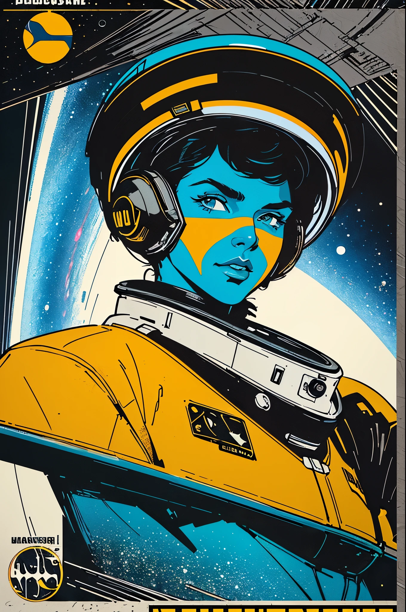 (((masterpiece,best quality))),32K Wallpaper,((( very detailed poster))),retro vintage,sci-fi,(((space thriller cinematic movie poster))),(((Bauhaus))),(((mid-century modern))),(((ultimate galaxy))),(solo1girl :1.2),(((duotone))),(((Perspective)))