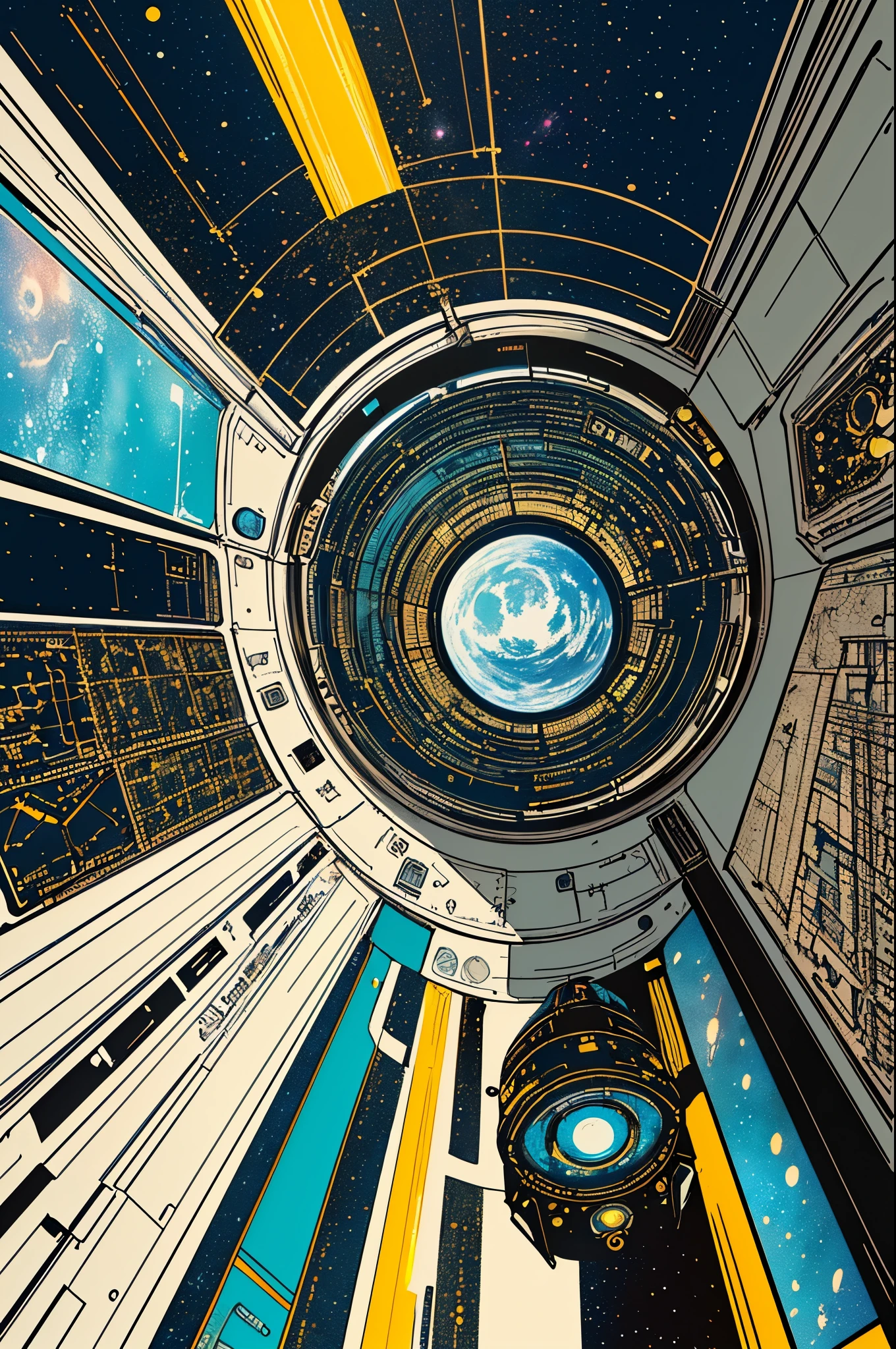 (((masterpiece,best quality))),32K Wallpaper,((( very detailed poster))),retro vintage,sci-fi,(((space thriller cinematic movie poster))),(((Bauhaus))),(((mid-century modern))),(((ultimate galaxy)))),(((duotone))),(((Perspective)))