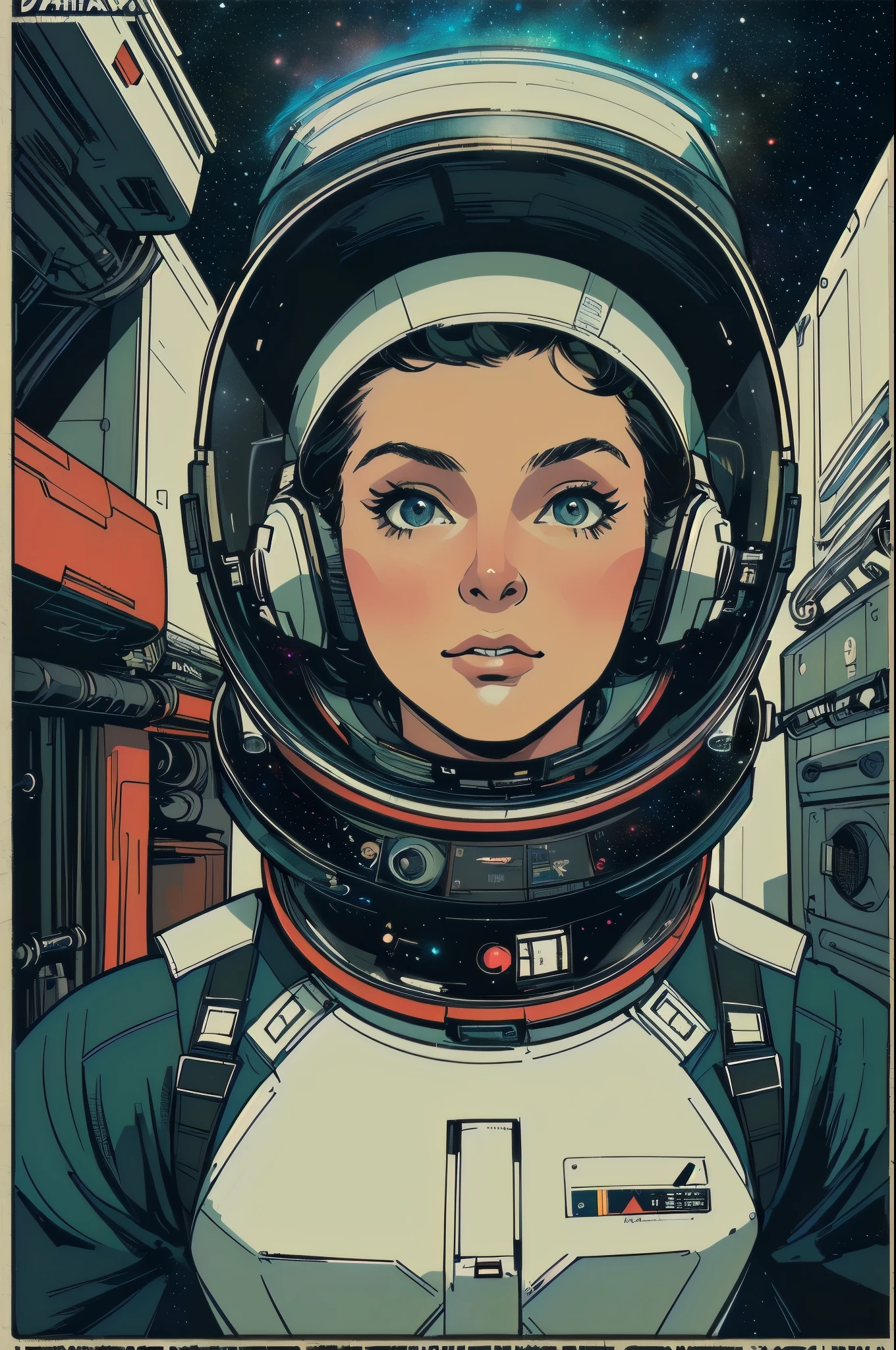 (((masterpiece,best quality))),32K Wallpaper,((( very detailed poster))),retro vintage,sci-fi,(((space thriller cinematic movie poster))),(((Bauhaus))),(((mid-century modern))),(((ultimate galaxy))),(solo1girl :1.2),(((duotone))),(((Perspective)))